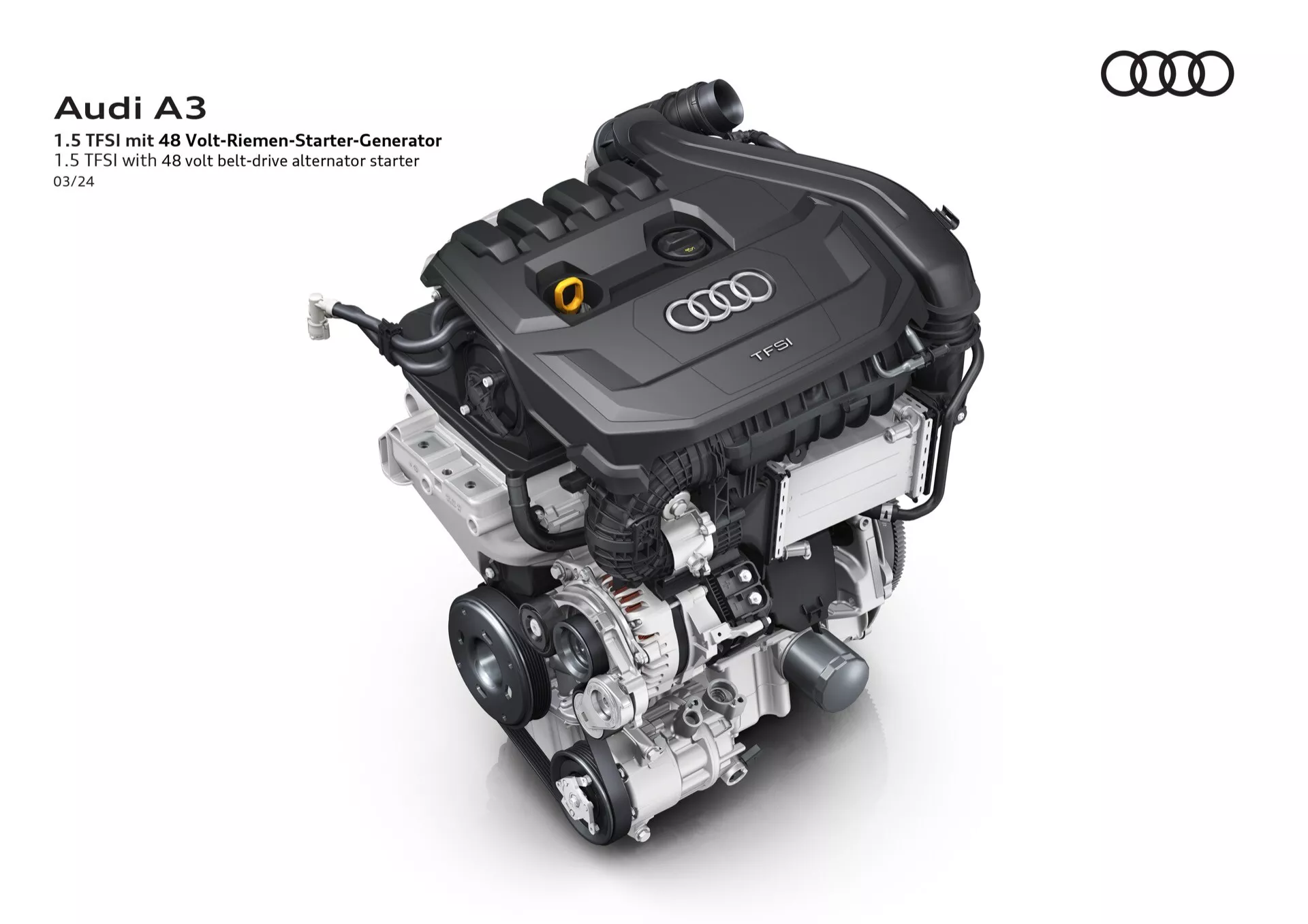 Zdjęcie wysokiej rozdzielczości ukazujące złożone szczegóły silnika Audi A3 2024 (8Y-facelift), podkreślające jego nowoczesne inżynierstwo i design