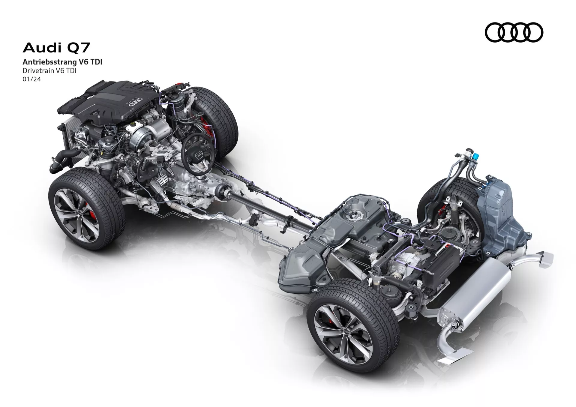 Demonstracja techniczna podwozia i układu napędowego Audi Q7 2024 (4M facelift-2), podkreślająca silnik V6 TDI, system napędu na wszystkie koła Quattro, zaawansowane zawieszenie i składniki hamulcowe wysokiej wydajności, widok z góry