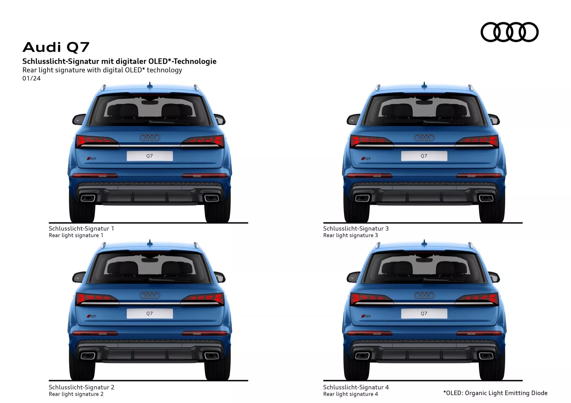 Tylny widok Audi Q7 2024 (4M Facelift 2), prezentujący cztery różne sygnatury świateł OLED, pokazujący szczegółowo unikatowe wzory oświetlenia, technologię pojazdu i estetykę designu