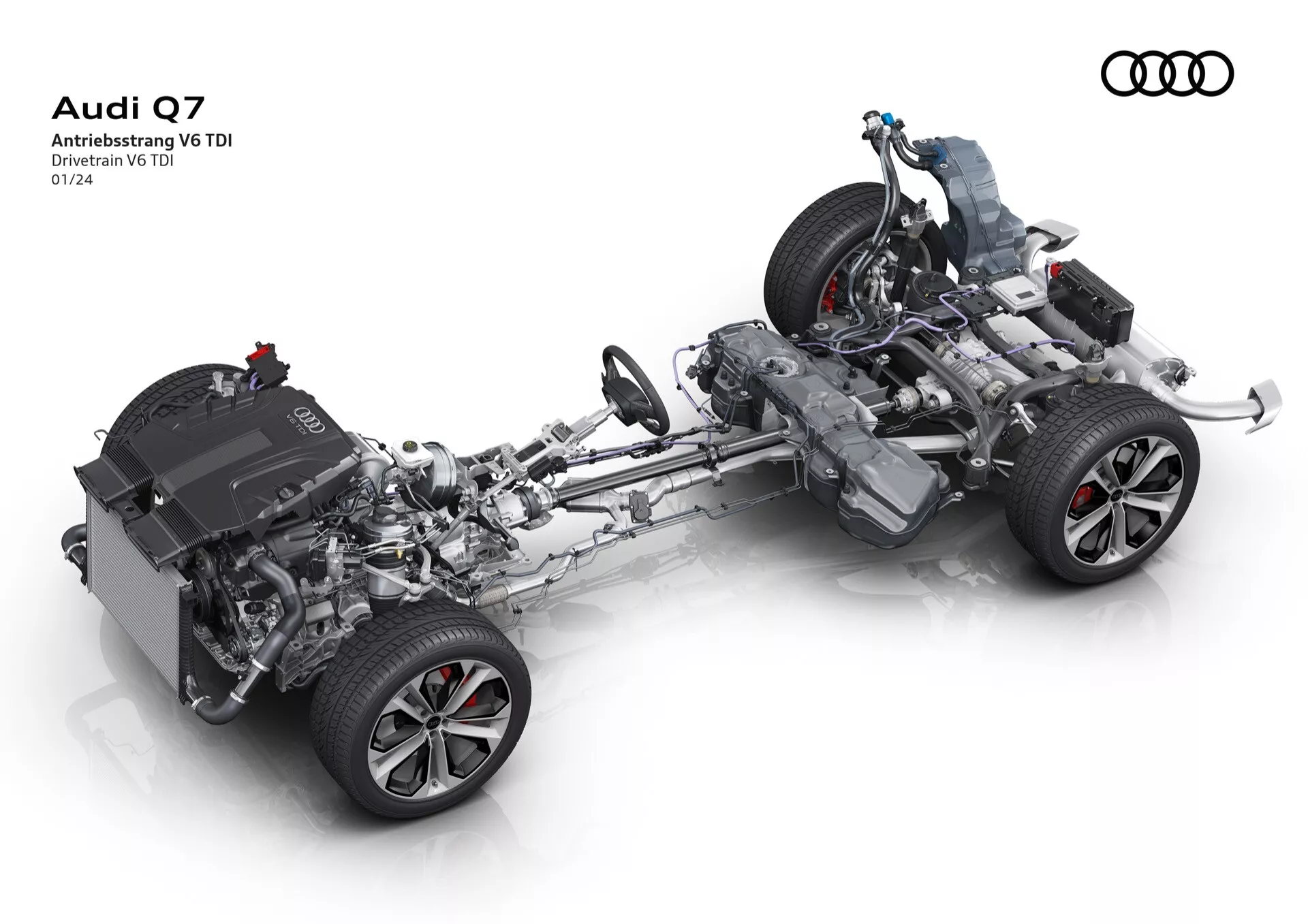 Widok z góry na podwozie i komponenty napędu Audi Q7 2024 (4M-Facelift-2) z wyeksponowanym silnikiem V6 TDI, skrzynią biegów, systemem napędu na wszystkie koła, zawieszeniem i systemami hamulcowymi bez nadwozia
