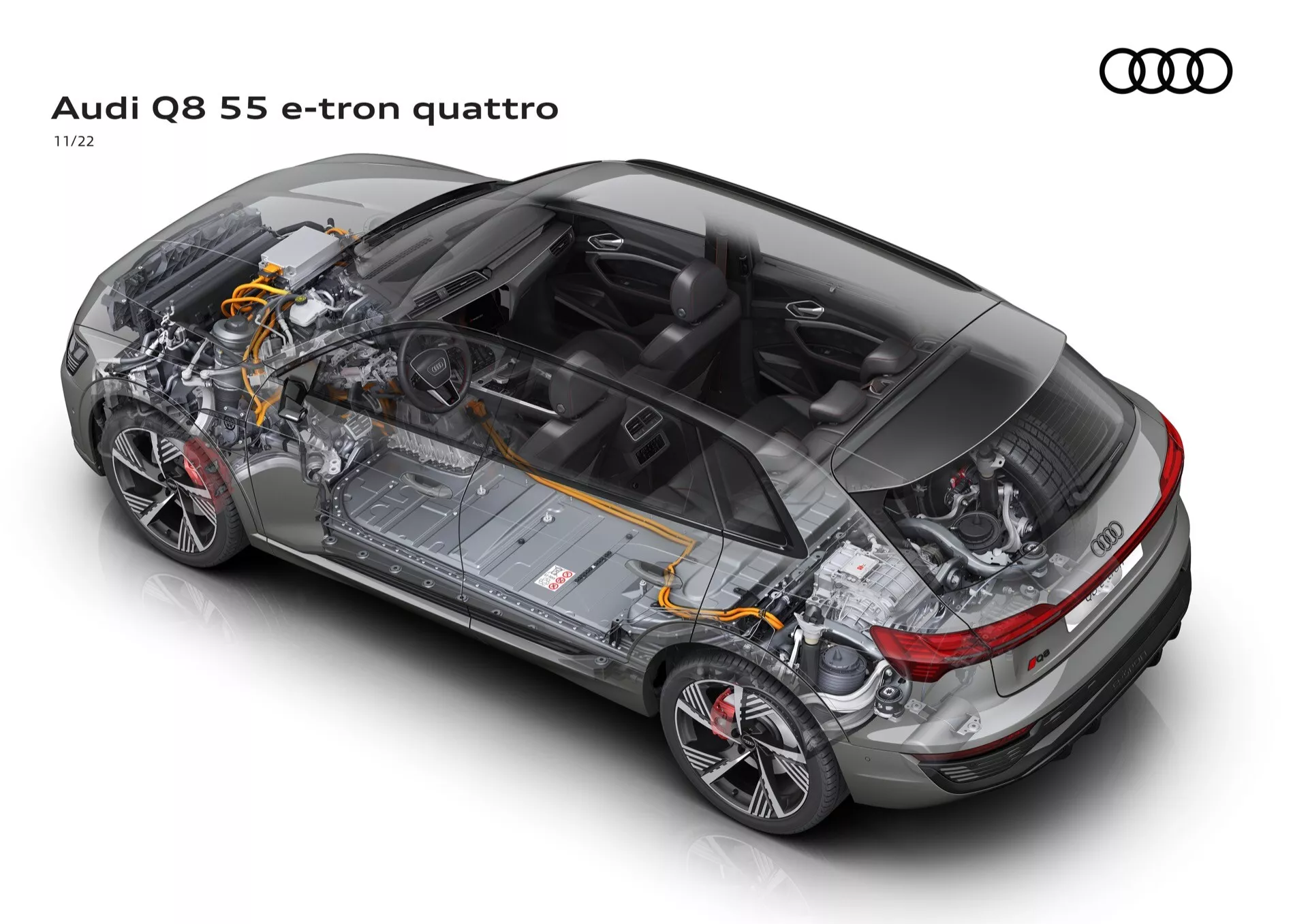 Elektryczny SUV Audi Q8 e-tron 2023 w kolorze Glacier White, z zaawansowaną aerodynamiką i technologią LED