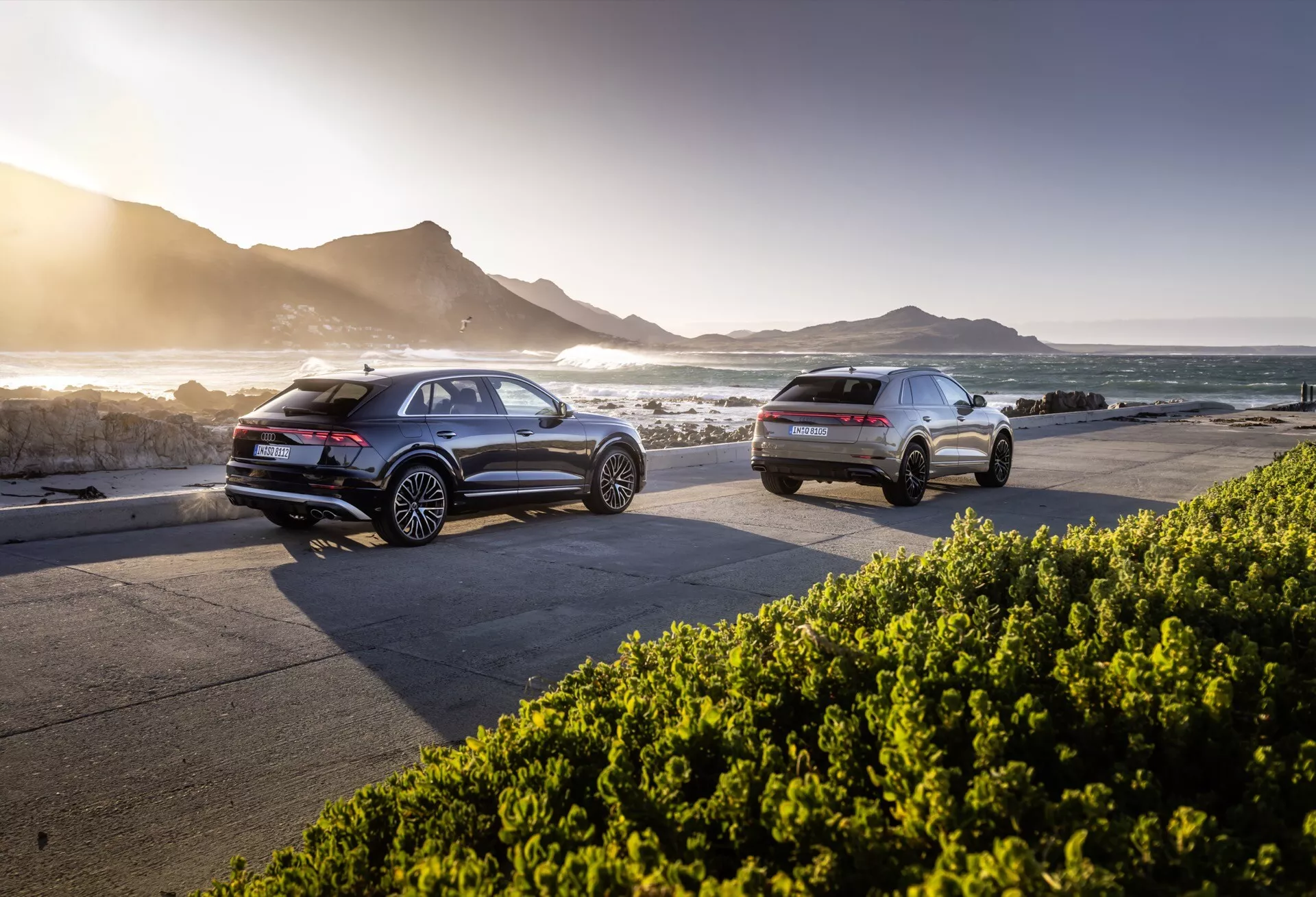 Modele Audi Q8 4M-Facelift z 2023 roku zaparkowane obok siebie na drodze przybrzeżnej o zachodzie słońca, prezentujące tylne i boczne profile, zaawansowaną technologię i malownicze tło oceanu i gór