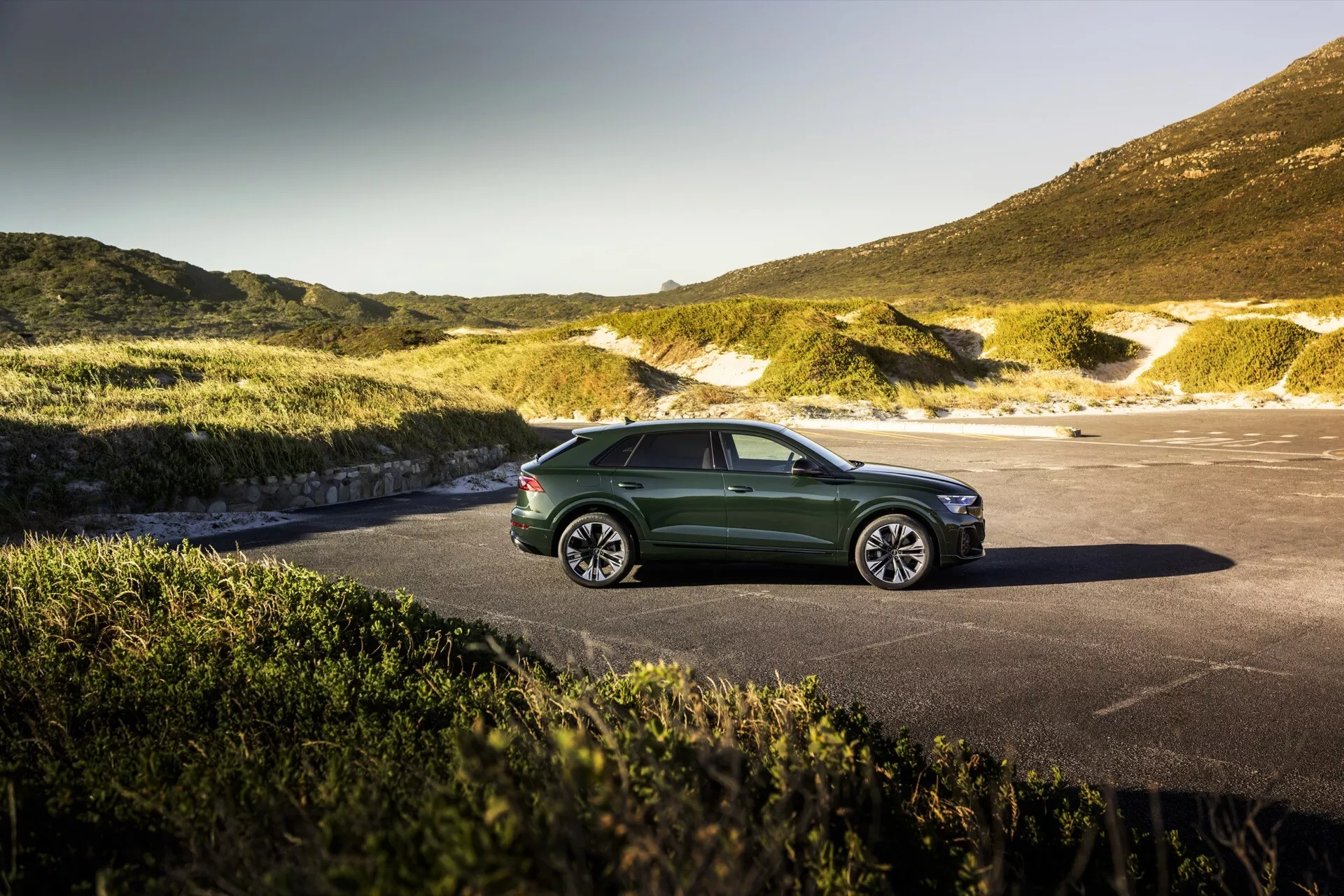 Audi Q8 2023 (4M-Facelift) w kolorze zielonym zaparkowane z eleganckim, aerodynamicznym designem i światłami LED na malowniczym naturalnym tle, możliwe nadmorskim lub górskim, pod jasnym niebem