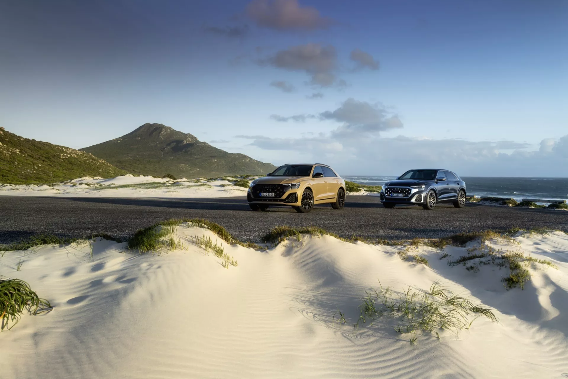 Modele Audi Q8 (4M-Facelift) 2023 zaparkowane na plaży, prezentujące profile boczne z oceanem i górami w tle, pod naturalnym światłem słonecznym