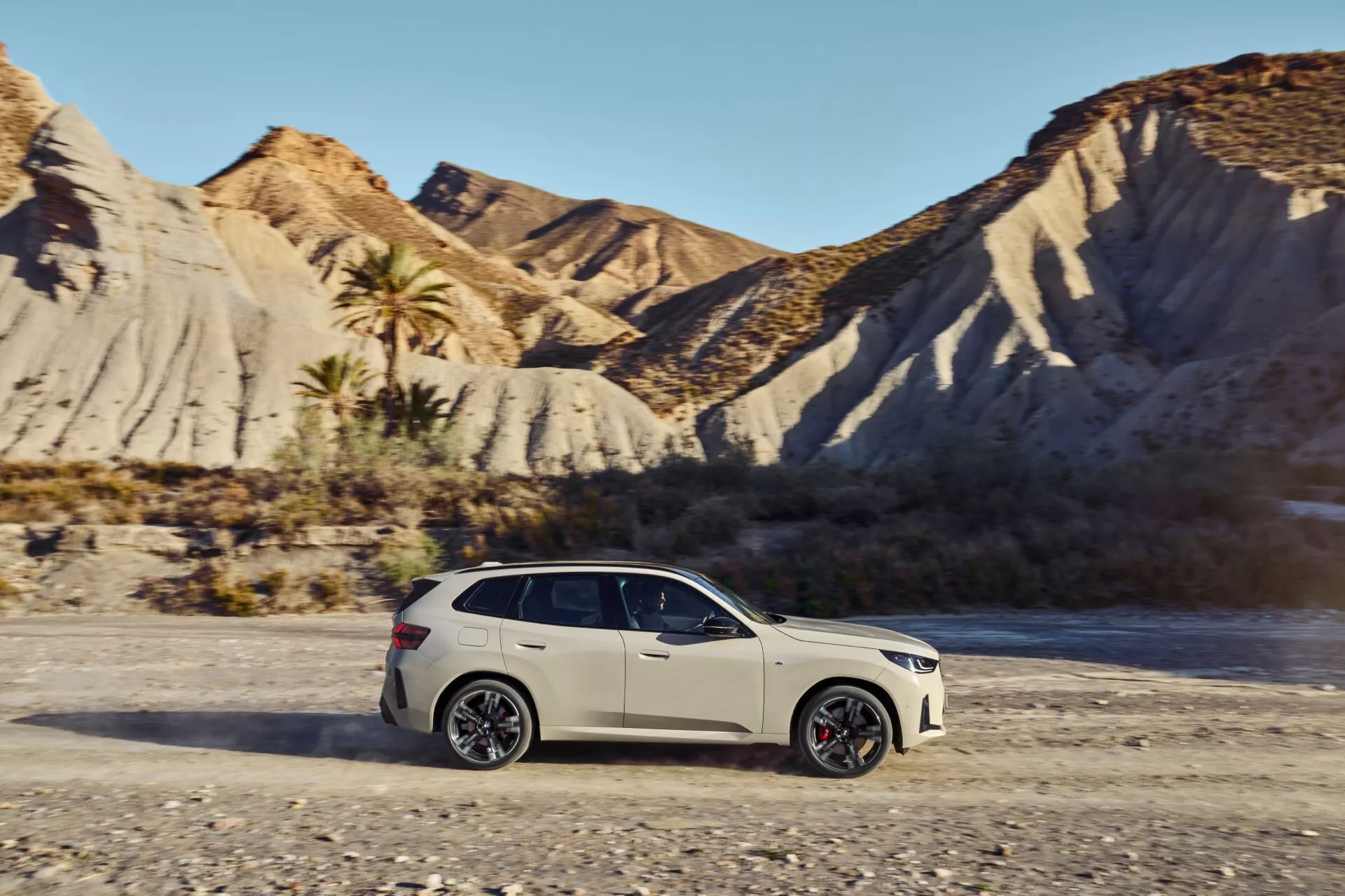 Obraz SUV-a BMW X3 (G45) z 2024 roku uchwycony z boku w ruchu, ukazujący jego luksusowy design. Rozmyte tło sugeruje technikę fotografii panoramicznej, koncentrując się na jasnym samochodzie, szczegółowych kołach z czerwonymi zaciskami hamulcowymi i eleganckich liniach karoserii. Widoczne cechy obejmują przyciemniane okna, relingi dachowe, lusterka boczne, klamki drzwi i profil z czterema drzwiami wskazujący na przystosowanie do podróży rodzinnych.
