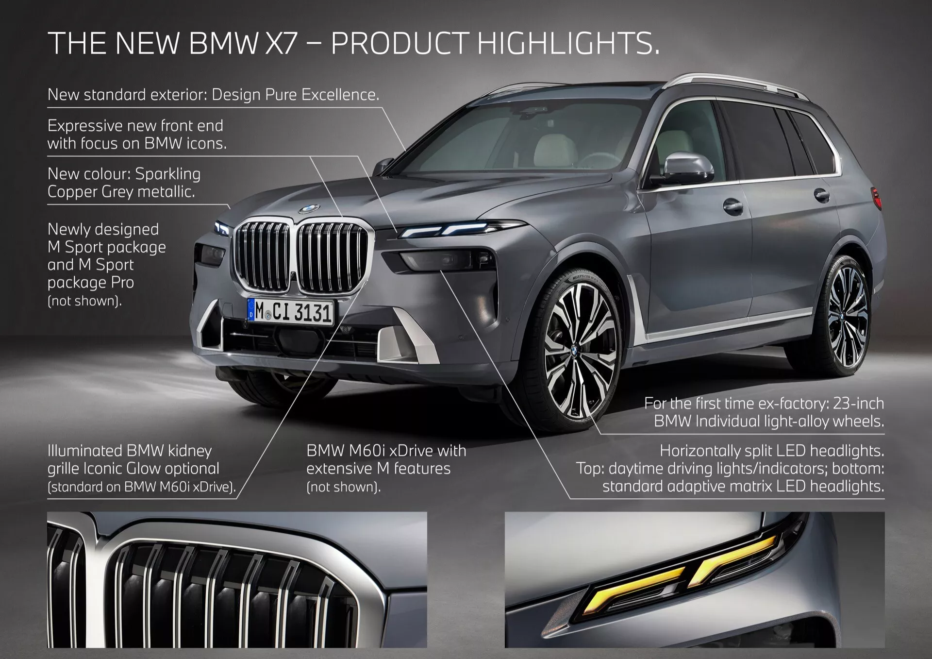 Szczegółowe badanie BMW X7 2022 (lifting G07) ukazujące widok z przodu z trzech czwartych w metalicznym kolorze Sparkling Copper Grey, podkreślające podświetloną atrapę chłodnicy, adaptacyjne reflektory matrix LED, 23-calowe koła z lekkich stopów BMW Individual i doskonałość projektowania.