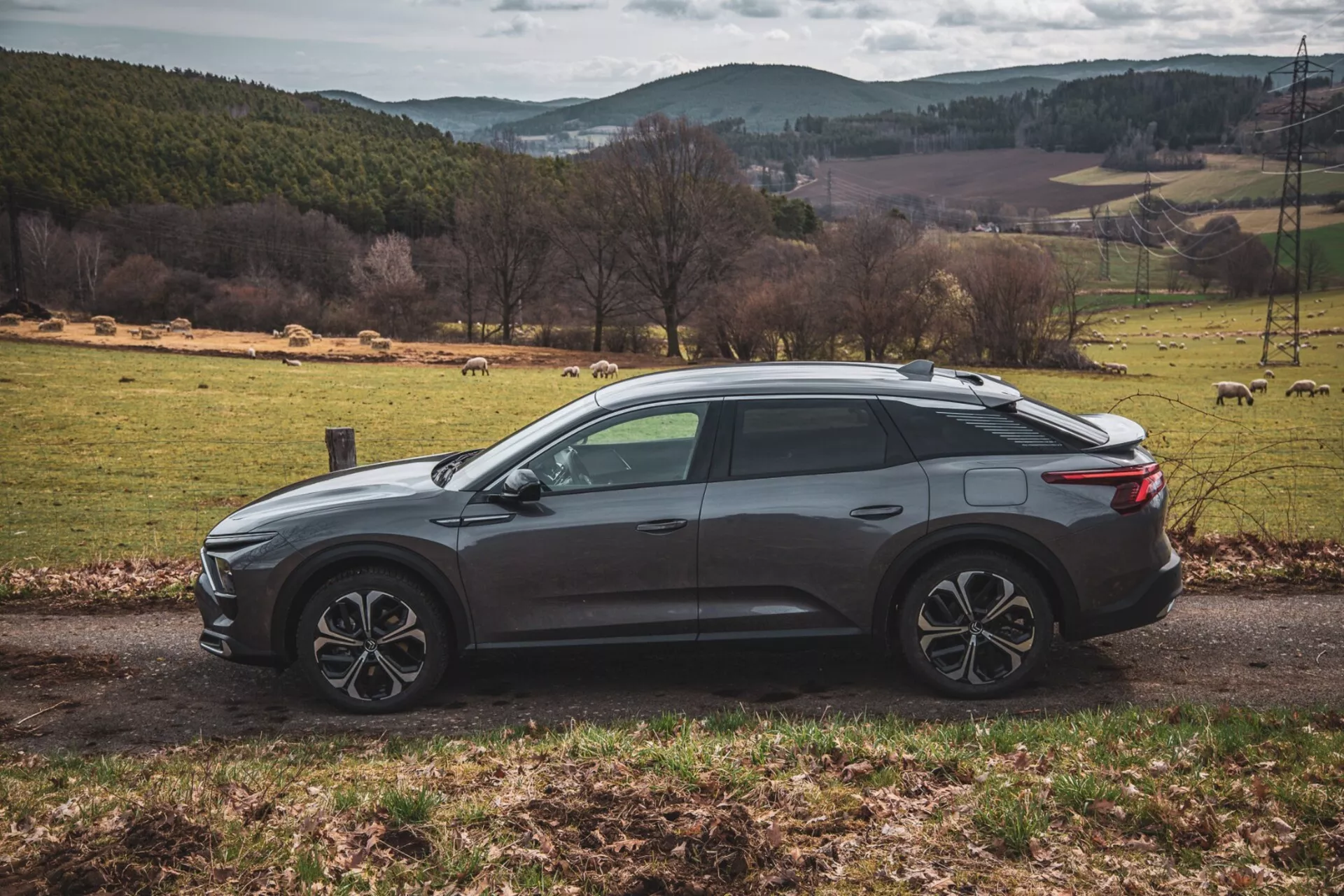 Citroën C5-X 2022 w eleganckim srebrnym kolorze, prezentujący swój innowacyjny design i cechy technologiczne w jasny dzień