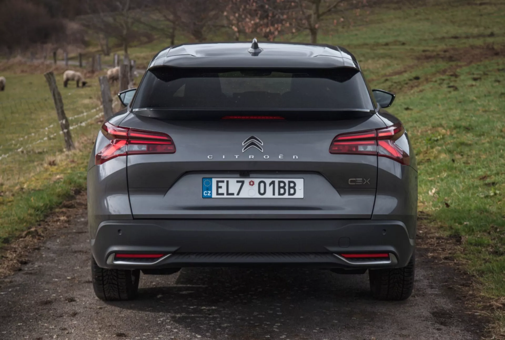 Tylny widok Citroëna C5X 2022 na żwirowej drodze z naturalnym tłem, pokazujący tylne światła LED, kontrolę odległości przy parkowaniu, podwójny wydech i inne zewnętrzne detale.