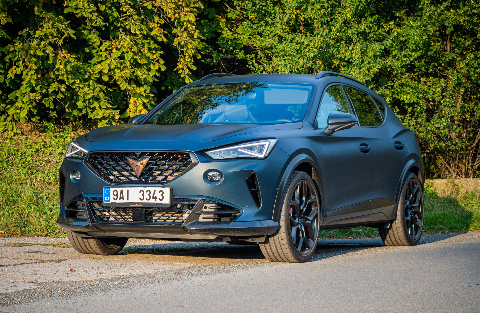 Cupra Formentor crossover/SUV z 2020 roku zaparkowany na asfalcie obok parku przy jasnym świetle dziennym i naturalnych odbiciach na matowym ciemnym wykończeniu, pokazujący jego aerodynamiczny design, charakterystyczną atrapę z centralną odznaką, kątowe reflektory LED, zintegrowane wloty powietrza na przednim zderzaku i sportowe czarno malowane felgi aluminiowe.
