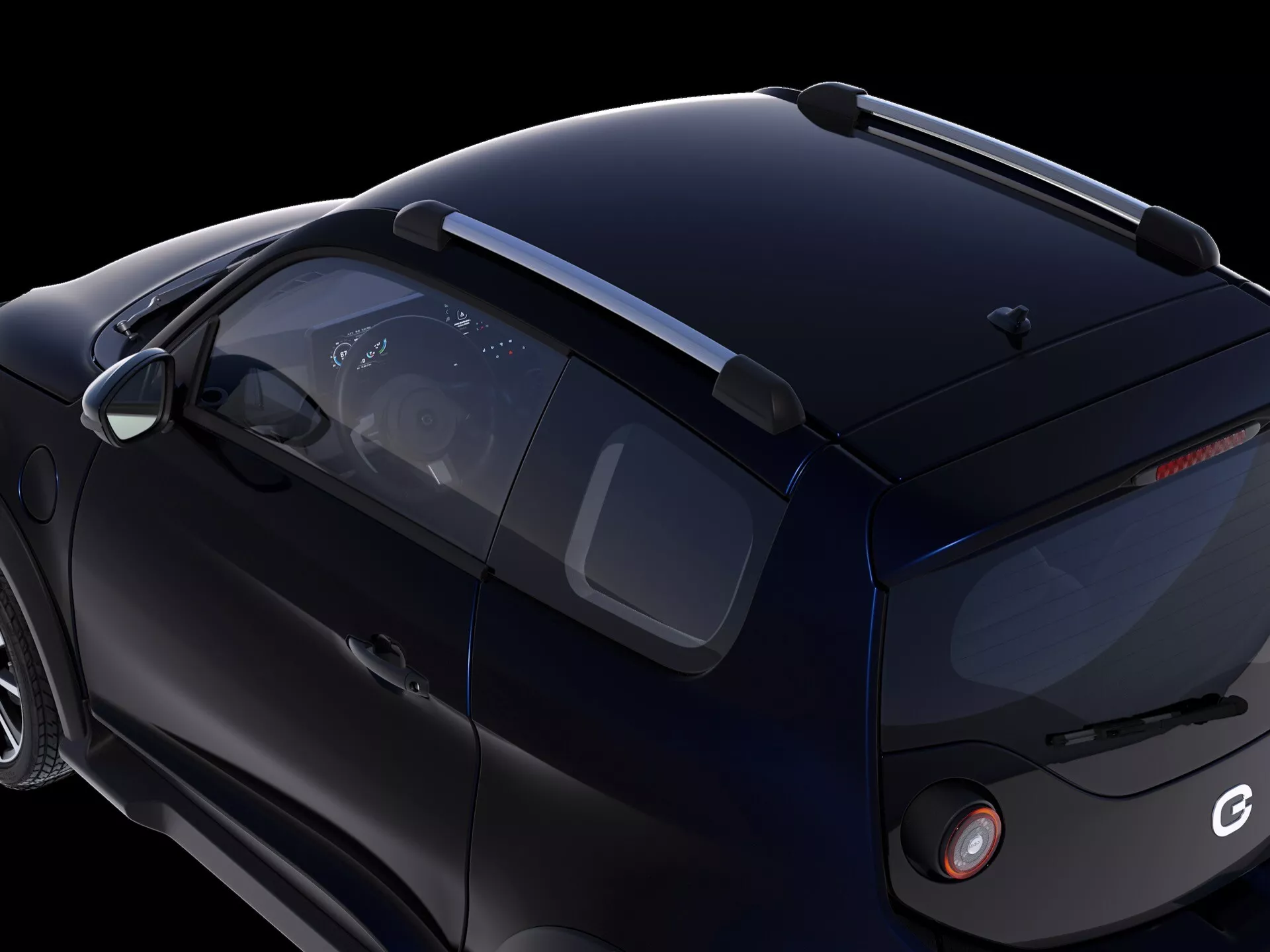 Częściowy tylny widok boczny pod wysokim kątem na Ego-Mobile eWave-X 2022 (1. generacja), pokazujący tylny panel po stronie kierowcy na ciemnym tle. Funkcje obejmują stromo pochyloną tylną szybę, solidny słupek C, klaster tylnych świateł LED, klapę bagażnika w stylu hatchback, zintegrowany odblask na tylnym zderzaku, okrągły wlew paliwa, panoramiczny dach, relingi dachowe, opływowe lusterko boczne, aerodynamiczne klamki drzwi w pojeździe dwudrzwiowym i wieloszprychowe aluminiowe koło.