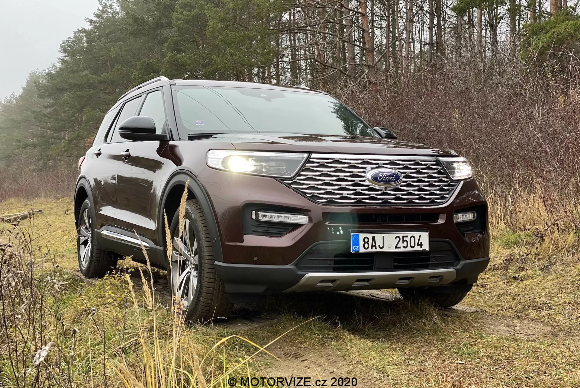 SUV Ford Explorer z 2019 roku jest zaparkowany na trawiastym lub zarośniętym podłożu w wiejskiej lub leśnej okolicy, z drzewami w tle. Zdjęcie zrobione pod kątem trzech czwartych od przodu pokazuje przedni i boczny profil SUV-a, w tym detale takie jak grill, reflektory, światła przeciwmgielne, koła i przedni zderzak. Widoczne są cechy takie jak radar przedni lub system czujników do adaptacyjnego tempomatu, skomplikowane reflektory LED i felgi aluminiowe. Pojazd posiada również przedni ochraniacz podwozia, system montażu bagażnika dachowego i prawdopodobnie panoramiczny dach. Zdjęcie wykonano w naturalnym, pochmurnym oświetleniu, co podkreśla projekt samochodu i jego przydatność do jazdy terenowej.