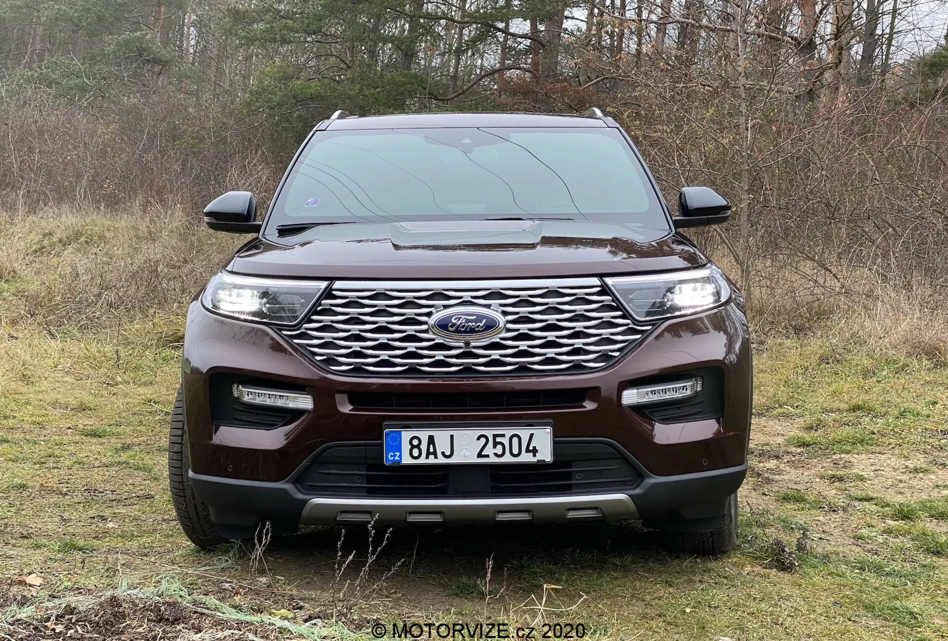 Widok od przodu SUV-a Ford Explorer 2019, zaparkowanego na trawiastym obszarze z drzewami w tle, prezentujący cechy zewnętrzne nowoczesnego pojazdu. Wyrazista kratka z wzorem siatkowym i centralnym emblematem, smukłe reflektory LED, solidny przedni zderzak z światłami przeciwmgielnymi, srebrny element dla surowego wyglądu i widoczne kontury aerodynamiczne maski. Odpowiednie do dyskusji na temat projektowania samochodów, technologii bezpieczeństwa i możliwości terenowych.