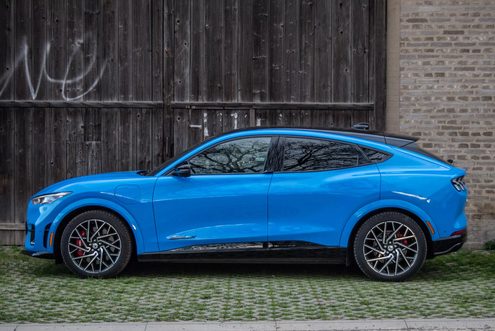 Niebieskie SUV crossover Ford Mustang Mach-E 2020 zaparkowane równolegle do rustykalnych drewnianych drzwi garażowych z graffiti, widok z profilu ukazujący aerodynamiczny design, linia dachu w stylu coupé opadająca ku tyłowi, model czterodrzwiowy z zintegrowanymi klamkami, aerodynamicznie stylizowane lusterka boczne z sygnałami skrętu, duże koła z lekkich stopów w dwóch kolorach z czerwonymi zaciskami hamulcowymi, umiarkowane prześwit, konturowana karoseria z rzeźbionymi liniami i wyraźnymi nadkolami, zwężająca się linia okien z małym okienkiem kwadratowym po słupku C, i sportowe progi