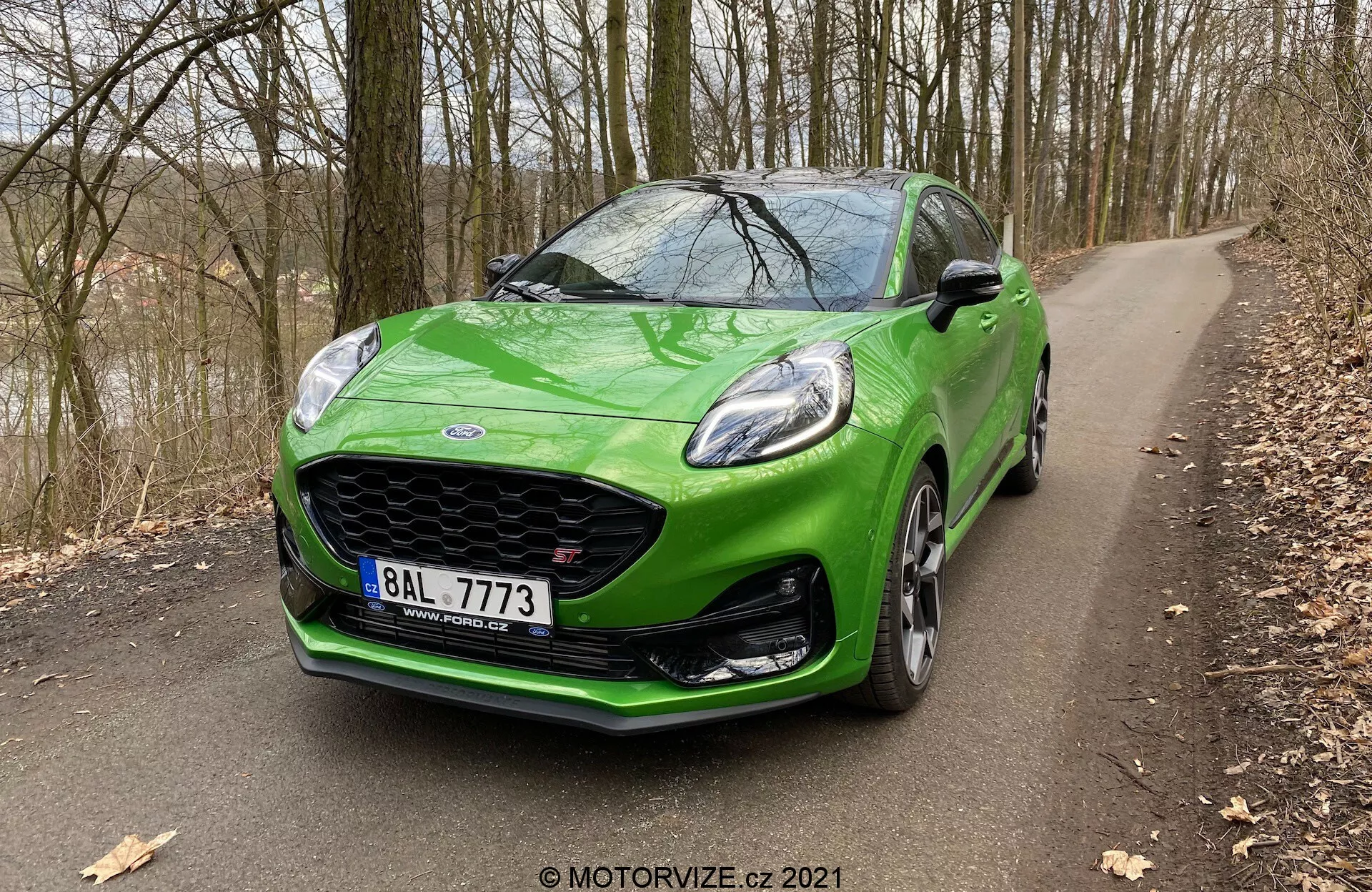 Jasnozielony Ford Puma 2020 ST z widokiem z przodu z trzech czwartych, prezentujący eleganckie reflektory, grill z logo Ford, sportowy design zderzaka z światłami przeciwmgielnymi, aerodynamiczną maskę, wieloramienne felgi aluminiowe oraz lusterka boczne z wbudowanymi kierunkowskazami, uchwycony na wąskiej drodze wśród bezlistnych drzew i wiecznie zielonej roślinności, w scenerii późnej jesieni lub wczesnej zimy.