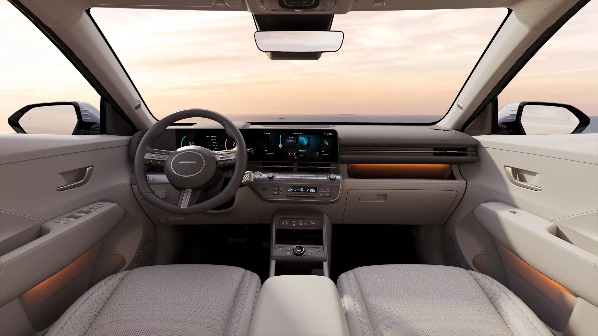 Wnętrze Hyundai Kona 2023 z akcentem na luksusowe funkcje, zaawansowaną technologię i elementy konstrukcyjne zapewniające komfort z perspektywy siedzeń drugiego rzędu