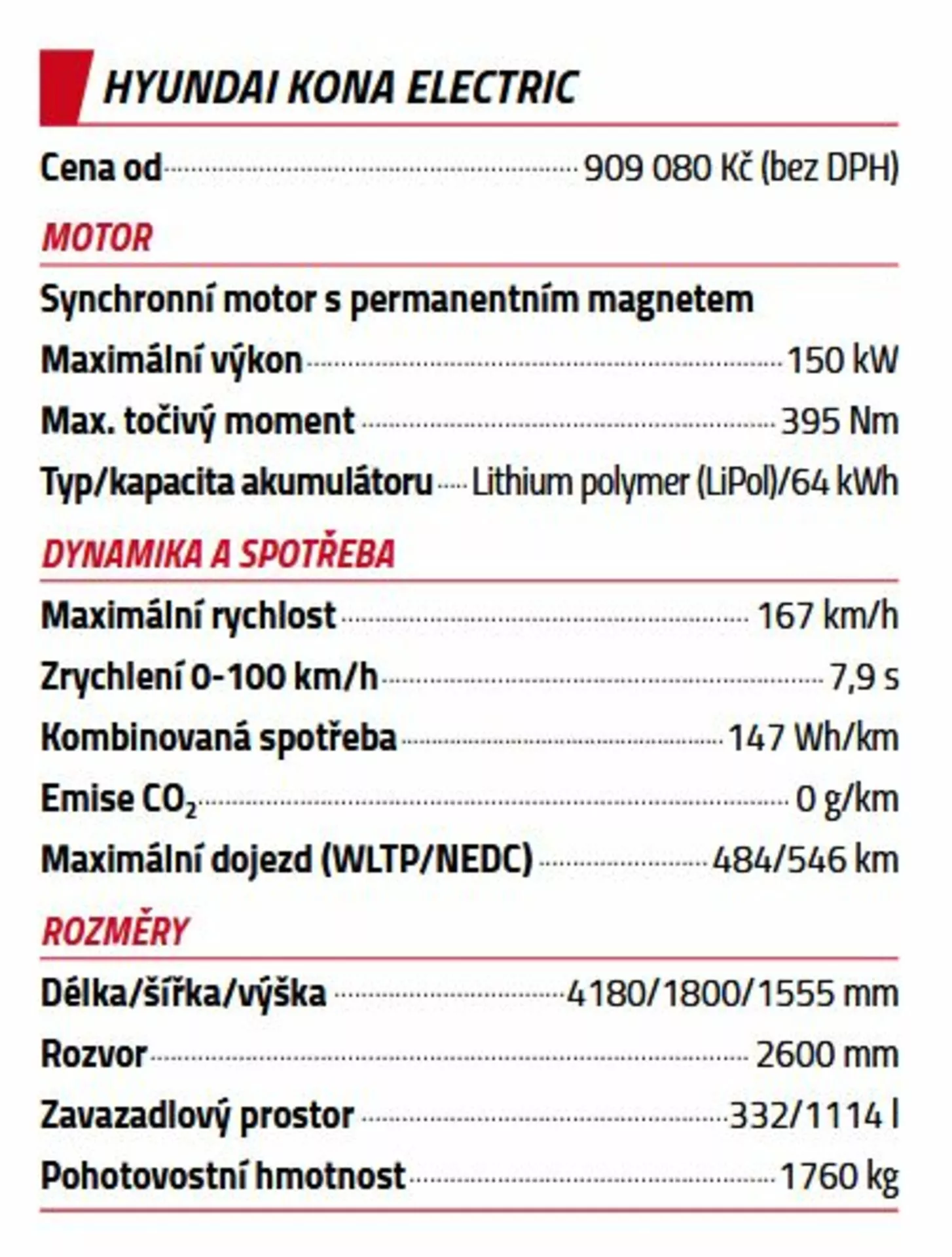 Karta specyfikacji Hyundai Kona Electric 2021 w języku czeskim ze szczegółowymi informacjami o cenie, specyfikacjach silnika, dynamice, zużyciu, wymiarach i informacjach technicznych