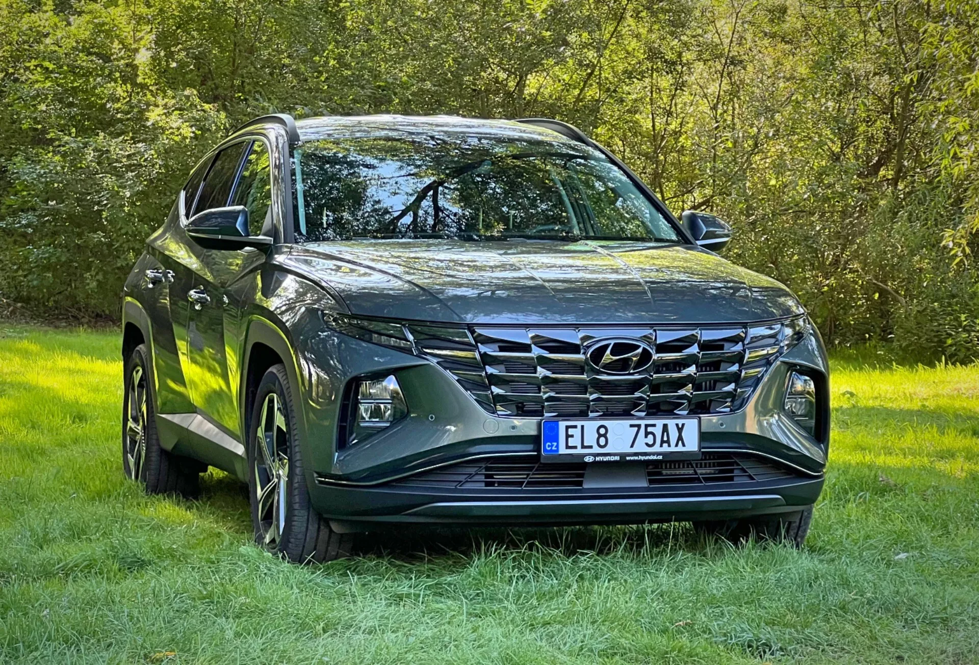 SUV Hyundai Tucson 2020 w metalicznym wykończeniu, prezentujący LEDowe reflektory, wyrazistą przednią kratę, rzeźbiony design maski, felgi aluminiowe i lusterka boczne z wbudowanymi kierunkowskazami, zaparkowany na trawie podkreślający jego zdolności terenowe