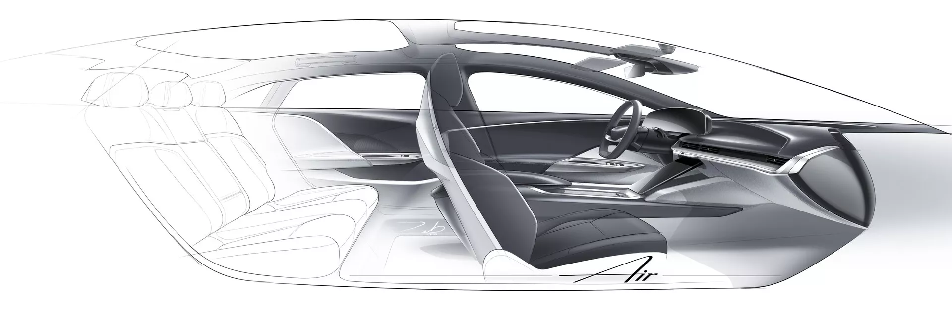 Koncepcyjny przezroczysty widok boczny pojazdu Lucid Air 2022 pierwszej generacji, ukazujący wewnętrzną strukturę i układ z konfiguracją czterech miejsc, przestronną kabiną, minimalistyczną kierownicą i deską rozdzielczą, brakiem tradycyjnego słupka B, prawdopodobnie napędem elektrycznym, lekką sztywną ramą i wydajnością aerodynamiczną.