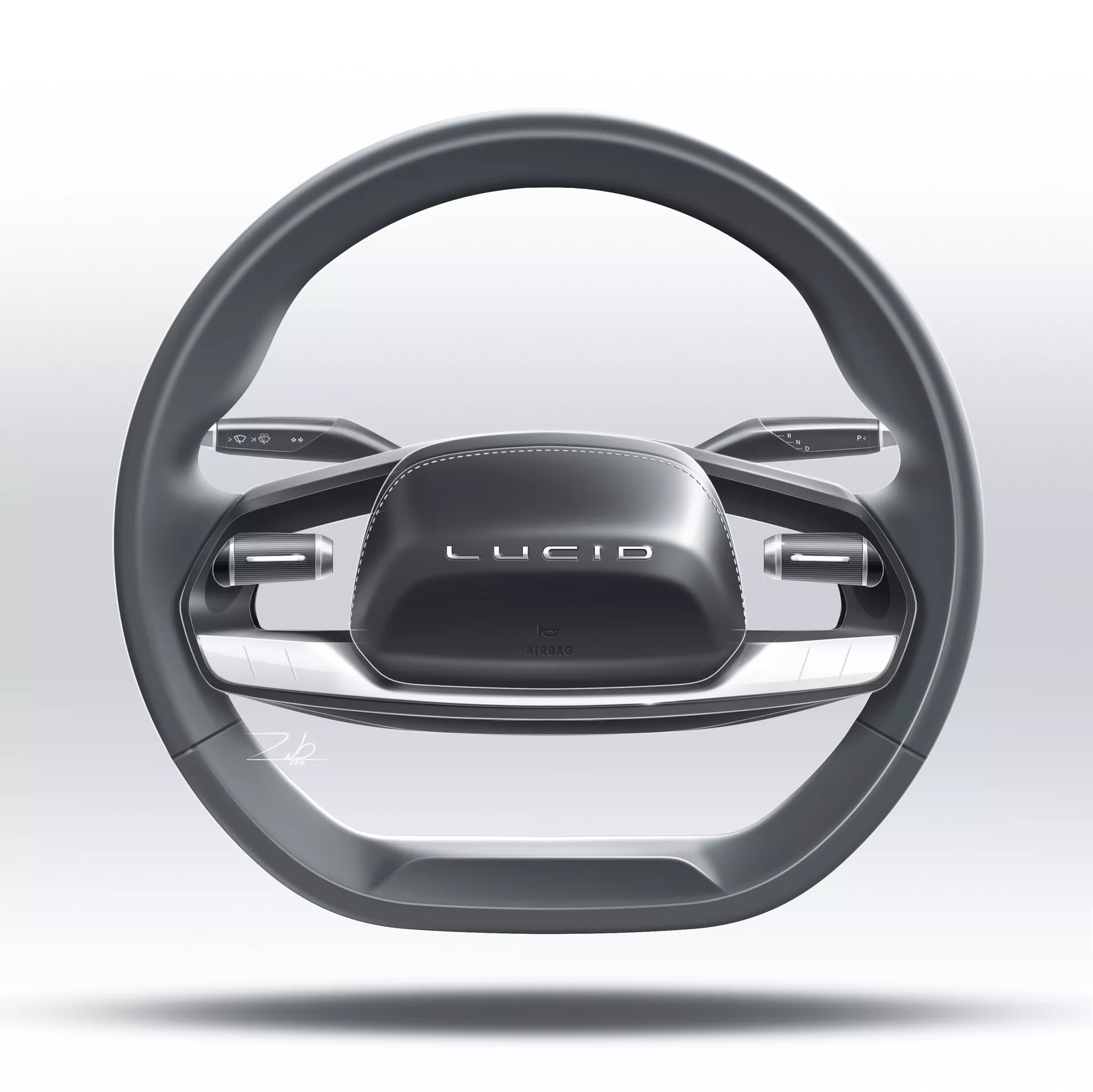 Zbliżenie nowoczesnej, luksusowej kierownicy z Lucid Air 2022, z minimalistycznym układem dwuramiennym, ergonomicznym kształtem, konturowaniem dla poprawy chwytu, interaktywnymi panelami dotykowymi i przyciskami do sterowania funkcjami samochodu. Zdjęcie koncentruje się na kierownicy, podkreślając estetykę premium z metalicznym wykończeniem i marką 'LUCID', na nieostrym szarobiały tle.
