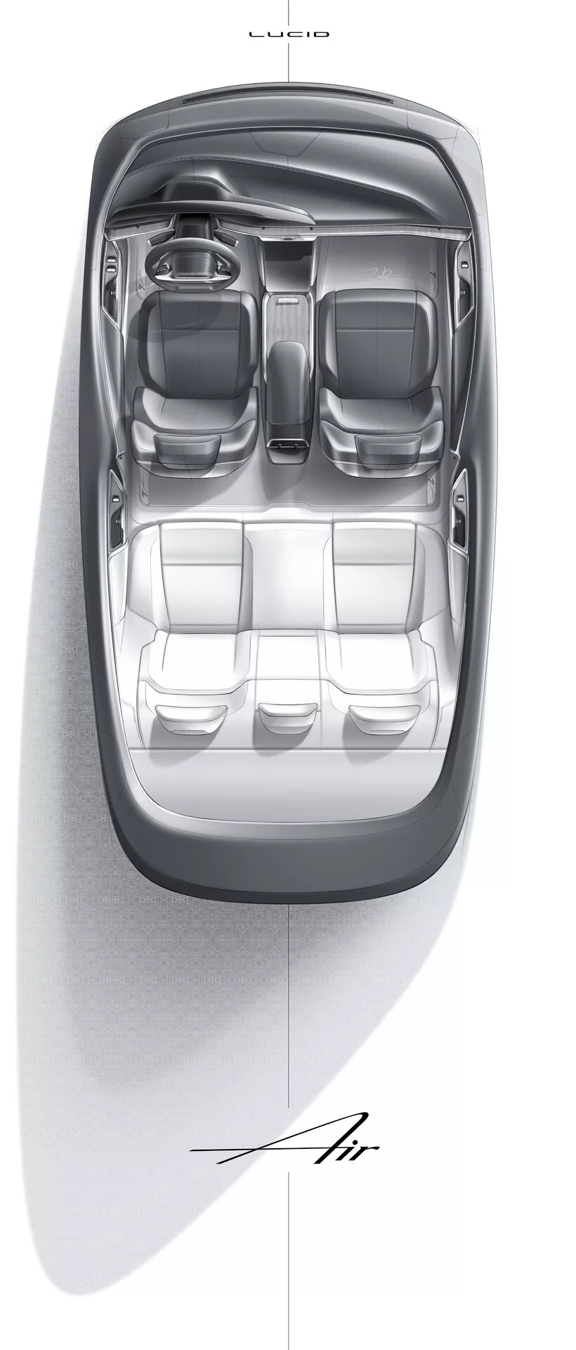Widok z góry wnętrza samochodu Lucid Air 2022 pierwszej generacji, przedstawiający dwurzędową konfigurację siedzeń z przednimi indywidualnymi fotelami kapitańskimi, centralną konsolą i przestronnym, luksusowym projektem skupionym na symetrii i komforcie.