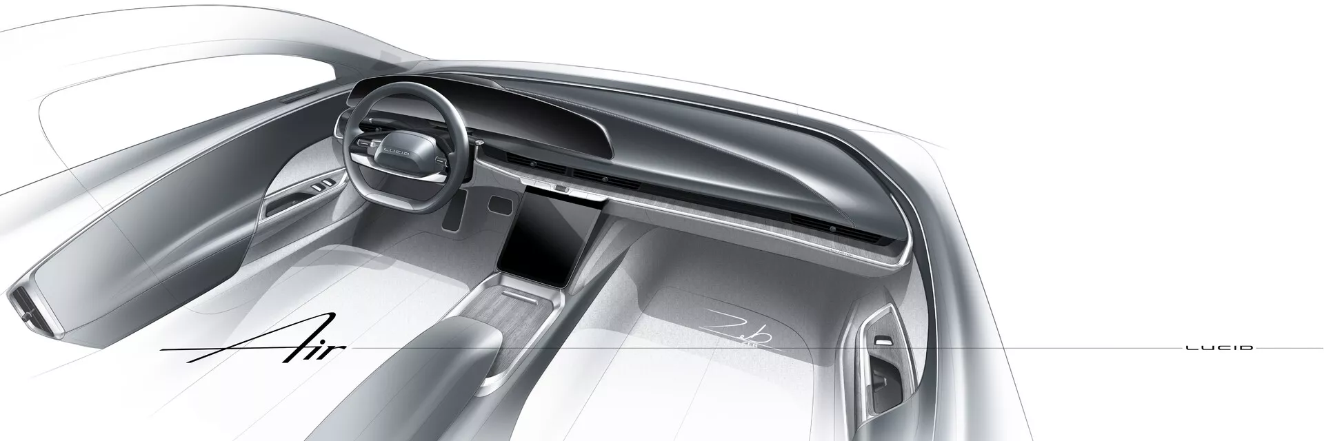 Szkic koncepcyjny lub cyfrowo wygenerowany obraz wnętrza Lucid Air 2022 (1. generacja) widzianego od strony pasażera. Charakteryzuje się elegancką deską rozdzielczą, minimalistycznym designem, cyfrowymi wyświetlaczami za kierownicą i na konsoli centralnej, nowoczesną okrągłą kierownicą z wbudowanymi elementami sterującymi oraz napisem 'Air' na desce rozdzielczej. Monochromatyczna kolorystyka z odcieniami szarości, wskazująca na luksusowy, futurystyczny pojazd elektryczny z zaawansowanymi interfejsami kontrolnymi.