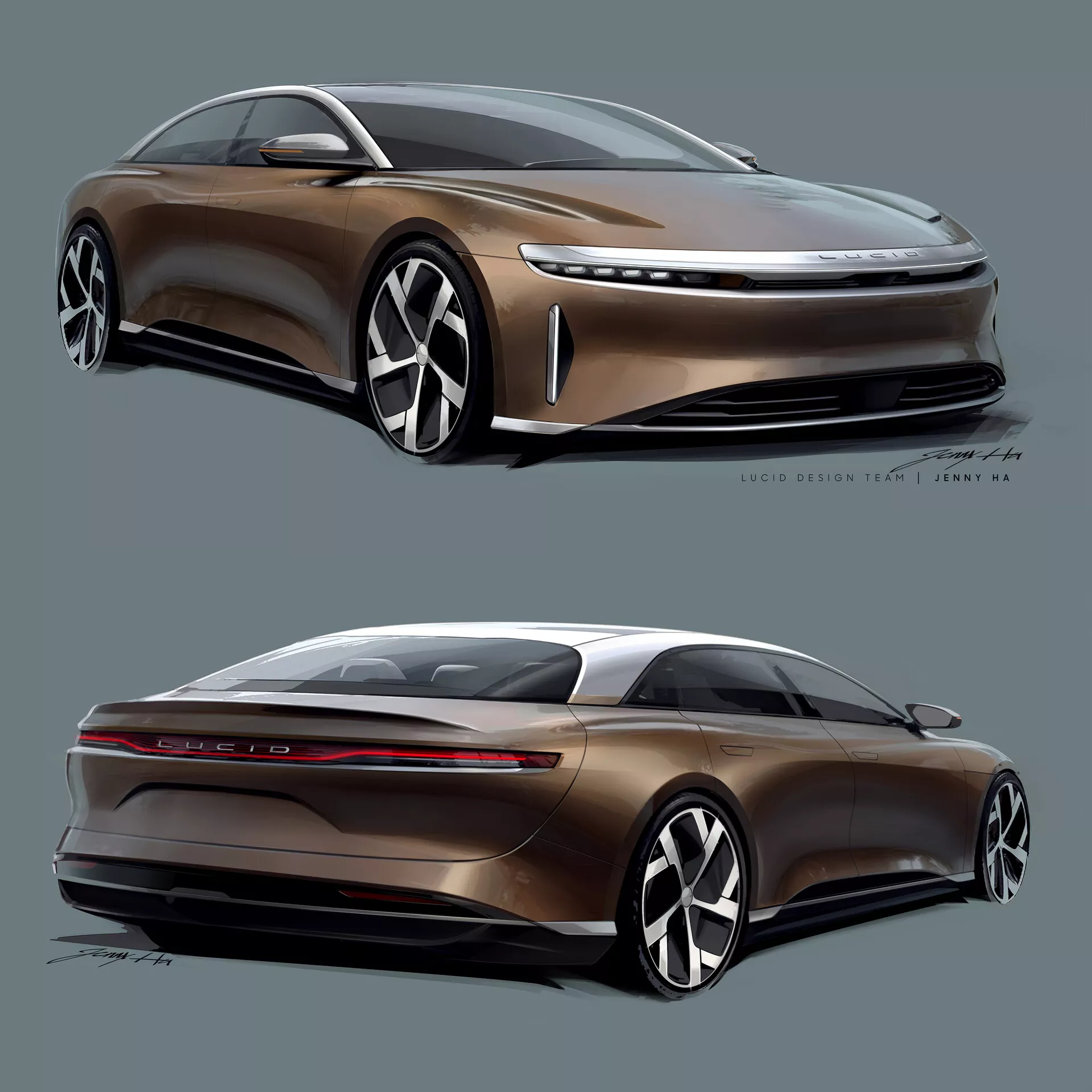 Dwa kątowe widoki na samochód Lucid Air 2022 w cyfrowym renderingu. Górna połowa przedstawia lewy przedni bok z dynamicznym, aerodynamicznym designem, długą maską, zamkniętym grillem, cienkimi reflektorami i dużymi, wieloramiennymi felgami. Dolna połowa pokazuje tył z prawej strony z gładkim profilem typu fastback, cienkimi tylnymi światłami, listwą świetlną i bez wydechów. Samochód podkreśla elegancką estetykę z nowoczesnym luksusem i zaawansowaną technologią napędu elektrycznego.