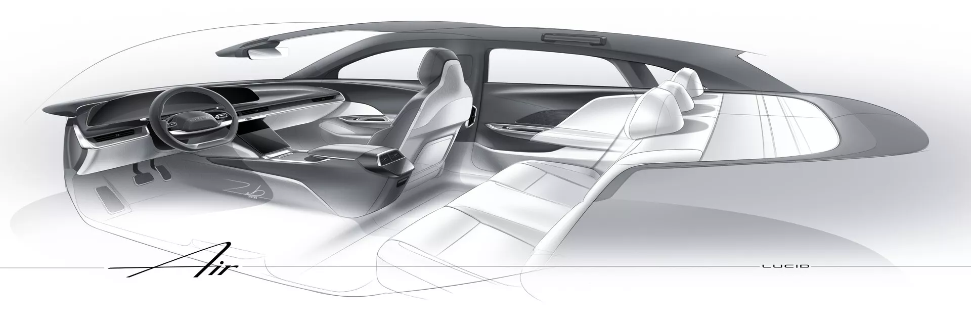 Koncepcyjny szkic designu wnętrza Lucid Air 2022, przedstawiający elegancką deskę rozdzielczą z płynnymi konturami, futurystyczną kierownicę, cztery ergonomiczne siedzenia najwyższej jakości, wydłużoną konsolę środkową, która może zawierać powierzchnie dotykowe, otwarte drzwi kierowcy bez słupka B dla lepszej dostępności, duże okna dla maksymalnej widoczności, płaską podłogę typową dla pojazdów elektrycznych i oznaczenie 'Air'. Szkic podkreśla minimalistyczny, przestronny i nowoczesny design wnętrza.
