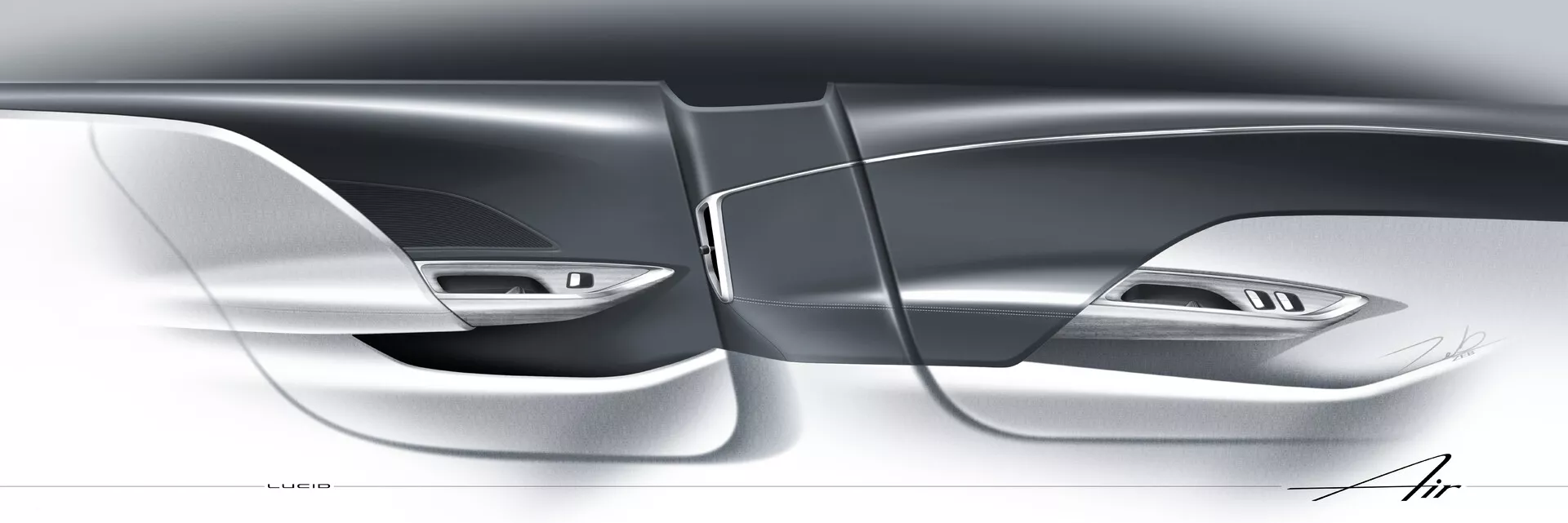 Stylizowany render cyfrowy Lucid Air 2022 (1. generacja), pokazujący zbliżenie profilu bocznego koncentrujący się na eleganckich, aerodynamicznych liniach i konturach. Obraz podkreśla nowoczesny design pojazdu, z płaskimi klamkami drzwi oraz delikatnymi przerwami między panelami, co wskazuje na luksus i zaawansowaną technologię zewnętrzną. Brak tradycyjnych bocznych luster sugeruje zastosowanie zaawansowanych systemów kamer tylnych. Ta artystyczna ilustracja podkreśla innowacyjny design motoryzacyjny i materiały wysokiej jakości.