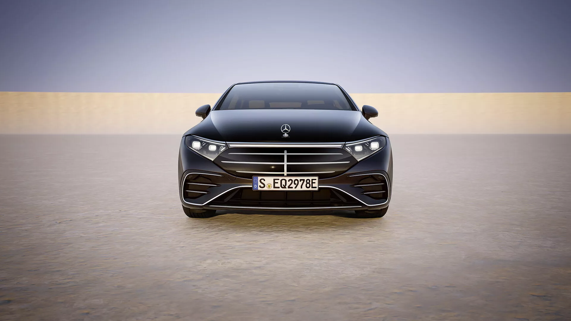 Zmodernizowany model Mercedes-Benz EQS 2024 prezentujący uderzającą pełną widoczność z przodu z elegancką maską, wyróżniającym się grillem z poziomymi listwami, zaawansowanymi reflektorami LED i dolną wlotem powietrza o orientacji na wydajność, na tle uproszczonego gradientu podkreślającego luksus i nowoczesną technologię.