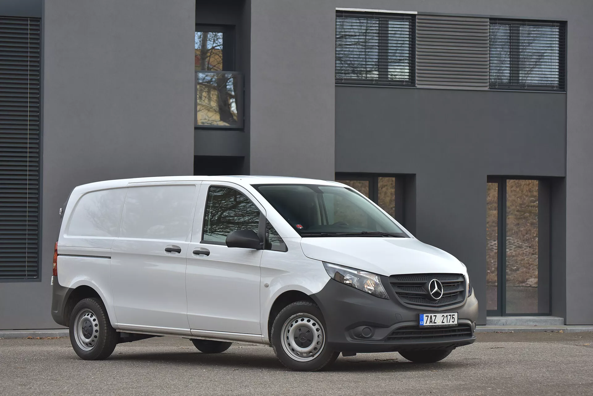 Biały furgon Mercedes-Benz Vito Tourer z 2014 roku zaparkowany na asfalcie, prezentujący profil przedni i boczny z wyraźnym widokiem na emblemat na grillu i nowoczesne reflektory, zdjęcie wykonane w pochmurny dzień przed minimalistycznym budynkiem