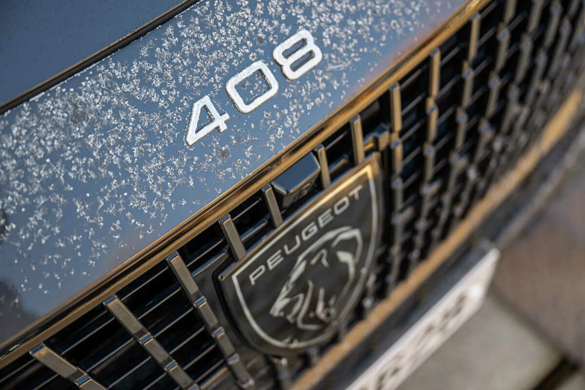 Zbliżenie oznaczenia modelu Peugeot 408 2023 na grillu z emblematem i odbiciem nocnego nieba