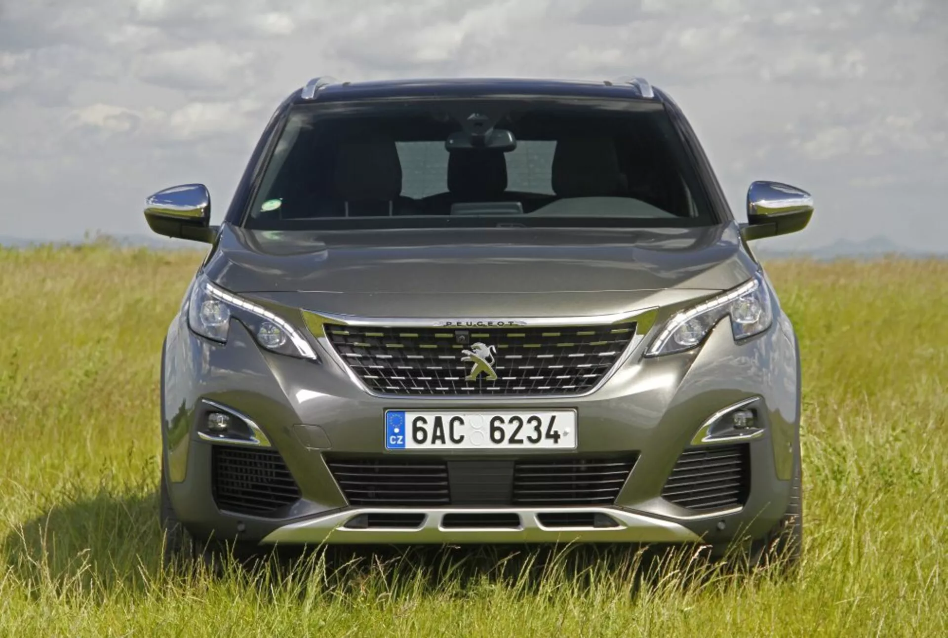 Peugeot 5008 2013 w pełnym widoku frontalnym na otwartym polu trawiastym, prezentujący symetrię jego projektu ze skupieniem na przednim grillu, reflektorach LED i aerodynamicznej masce