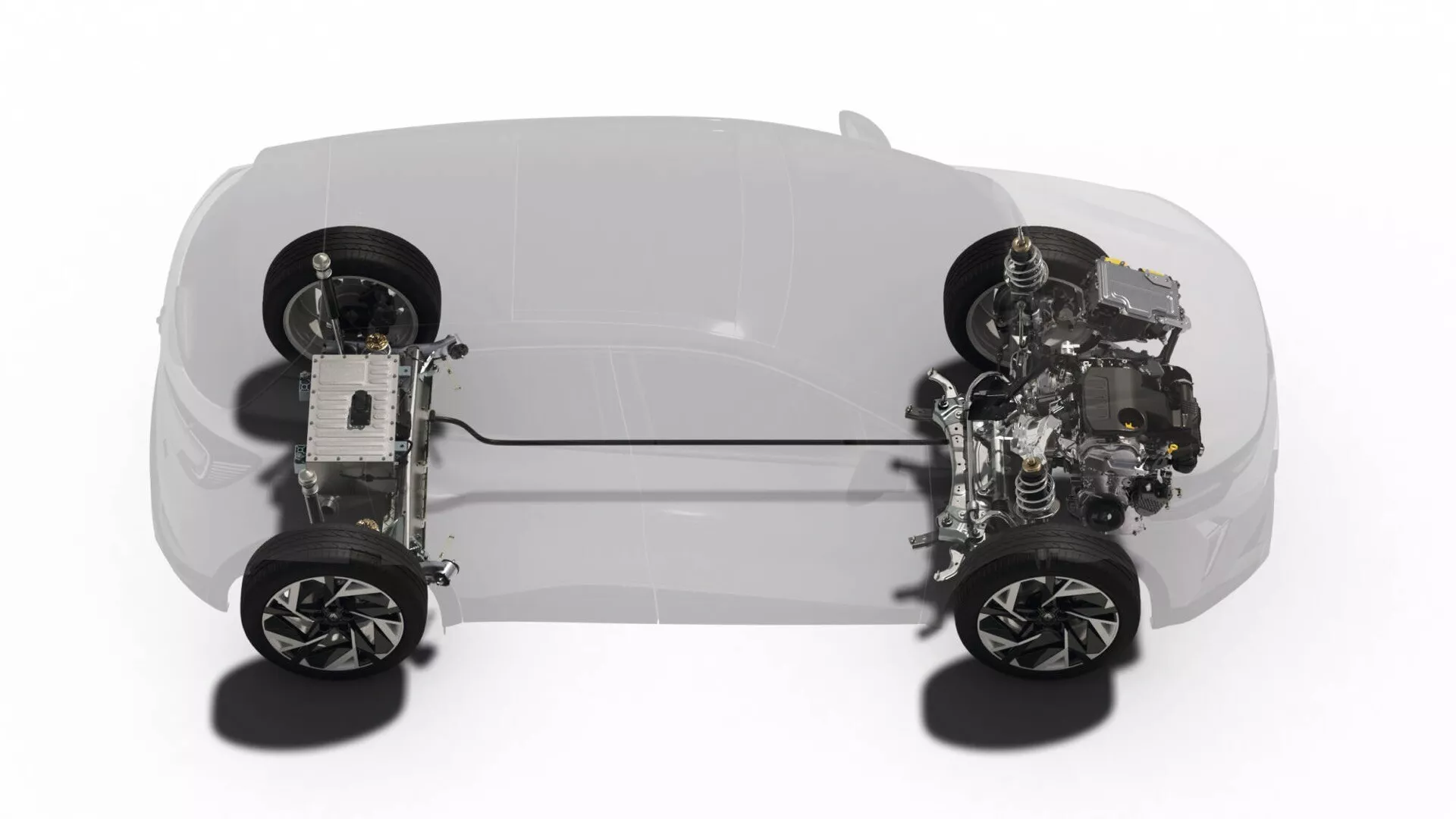 Przezroczysty widok Renault Captur 2024 II-facelift pokazujący wewnętrzną mechanikę z lekko podniesionego kąta od przodu, podkreślający układ podwozia i komponenty systemu napędu na tylne koła