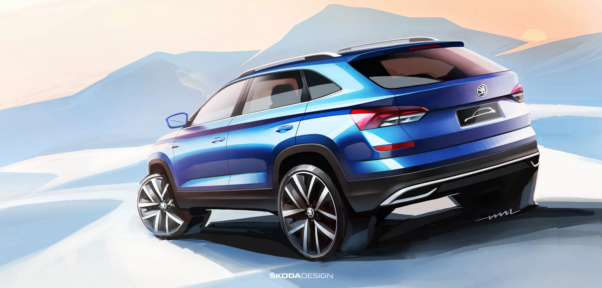 Graficzna wizualizacja Skoda Kamiq 2019 w żywym niebieskim kolorze, prezentująca nowoczesny design SUV z dużymi kołami i tylnymi światłami LED, widziana z perspektywy tylnego trzy czwarte na tle stylizowanego krajobrazu górskiego.