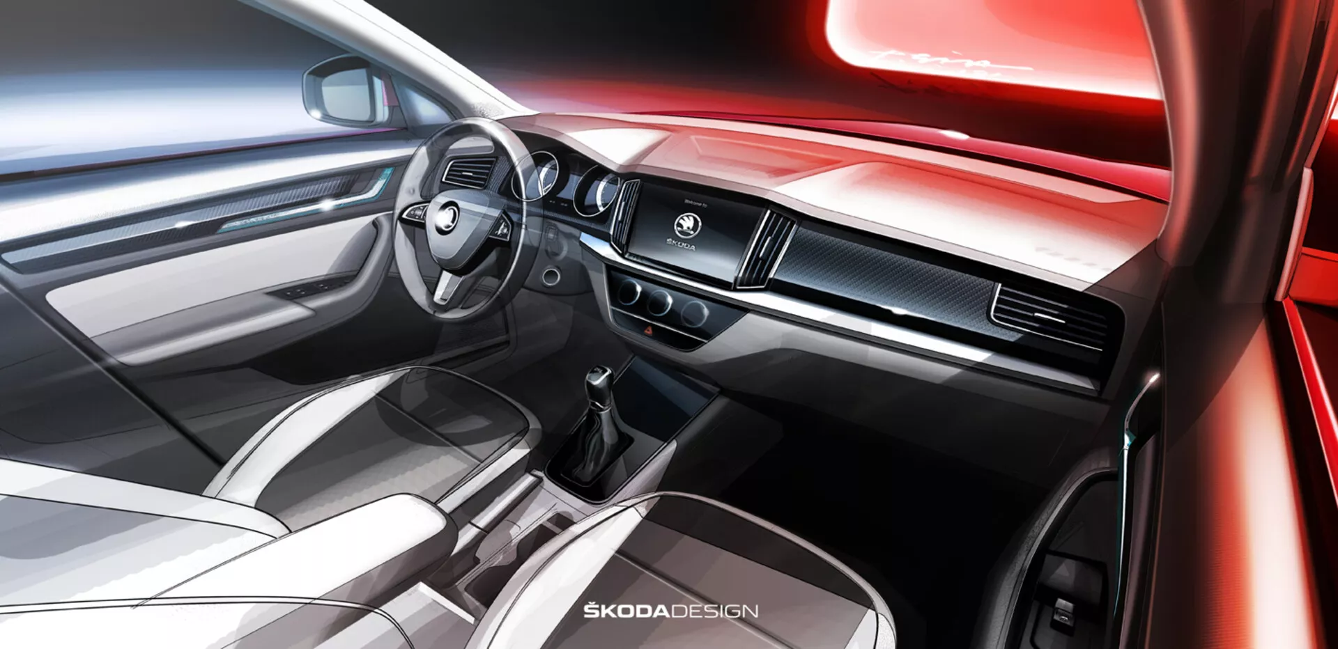 Widok wnętrza Skoda Kamiq 2019 ze skupieniem na desce rozdzielczej i przestrzeni kabiny przedniej z perspektywy pasażera, przedstawiający nowoczesną kierownicę z zintegrowanymi sterowaniami, deska rozdzielcza z metalicznym wykończeniem i kratek wentylacyjnych, centralny dotykowy wyświetlacz systemu multimedialnego, oraz sugestie eleganckiej dźwigni zmiany biegów automatycznych i konsoli środkowej