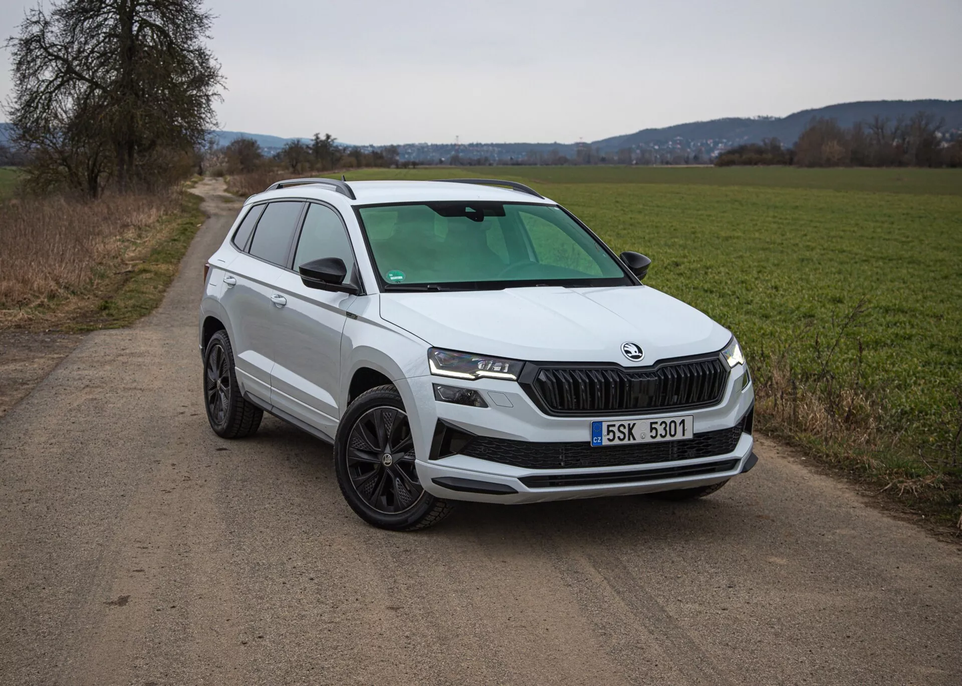 SUV Skoda Karoq 2021 zaparkowany na wiejskiej drodze z polem i dalekimi wzgórzami w tle, prezentujący jego przedni grill, eleganckie reflektory, wieloramienne koła ze stopu i dynamiczny profil boczny pod rozproszonym naturalnym oświetleniem
