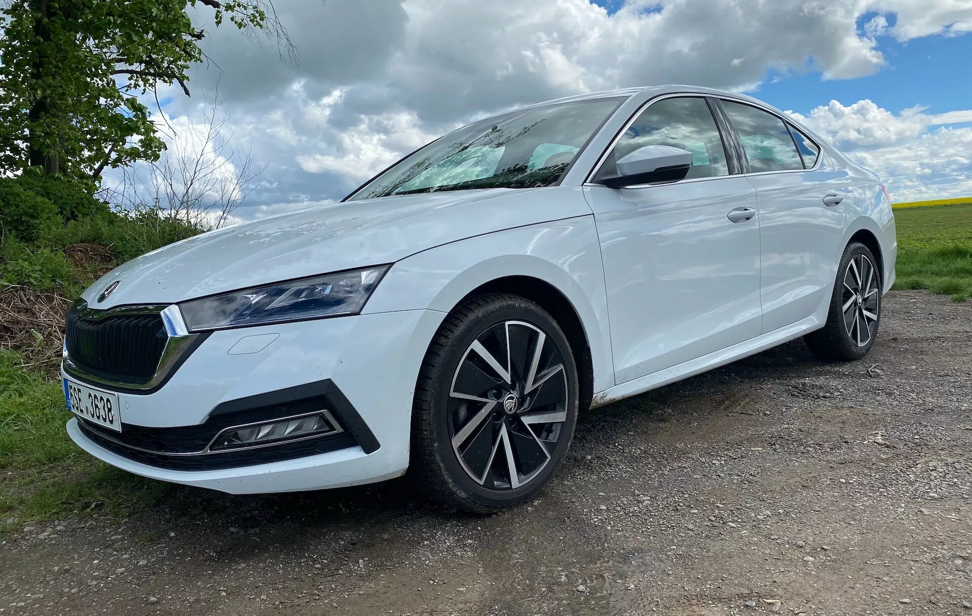 Na zdjęciu przedstawiono limuzynę Skoda Octavia 2020 widzianą pod niskim kątem trzech czwartych od przodu, podkreślającą kratkę, reflektory i design przedniego koła. Zdjęcie wykonane z poziomu gruntu podkreśla sylwetkę samochodu, czyniąc go bardziej imponującym. Przedstawia lewą stronę pojazdu z nieco przedniego kąta, oferując widok na jego przód i profil boczny. Biały sedan sfotografowany w świetle dziennym na tle wiejskim z roślinnością i częściowo zachmurzonym niebem w południe. Elegancki design reflektorów z wbudowanymi światłami dziennymi LED, charakterystyczna kratka z emblematem marki, wieloramienne felgi aluminiowe i lusterka boczne z wbudowanymi kierunkowskazami są dobrze widoczne, wraz z elementami sugerującymi wloty powietrza lub czujniki bezpieczeństwa na przednim zderzaku. Samochód wygląda na nowy lub dobrze utrzymany, z lekko przyciemnianymi oknami i czystą powierzchnią, odpowiedni do ogłoszeń sprzedaży lub recenzji motoryzacyjnych.