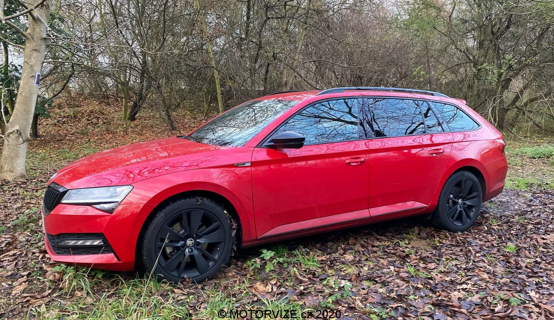Boczny profil czerwonego Skoda Superb Limousine 2019 zaparkowanego na trawiastej powierzchni z liśćmi na ziemi. Elementy stylistyczne samochodu obejmują czarne felgi aluminiowe, okna z chromowaną ramką, boczne lusterka w kolorze nadwozia i relingi dachowe. Obraz uchwyca długość pojazdu, pokazując jego kształt kombi, nowoczesny design i kontrast między czerwonym nadwoziem a czarnymi kołami.