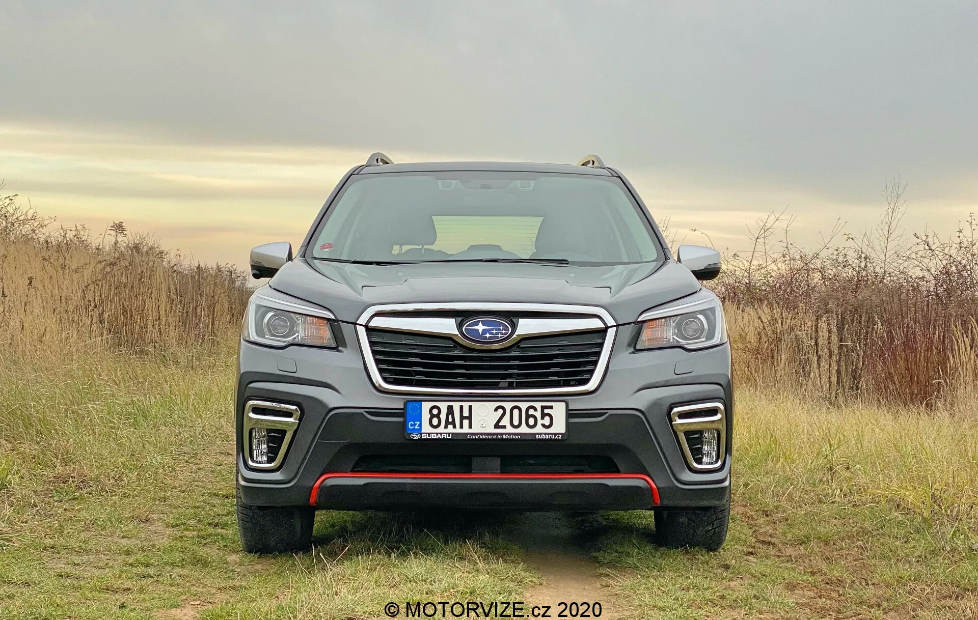 Widok z przodu na SUV Subaru Forester 2020 pokazujący jego wyrazisty grill ze środkową odznaką z logo, reflektory LED, światła przeciwmgielne na dolnym zderzaku i ciemnoszare błyszczące lub metaliczne wykończenie. Symetryczna kompozycja podkreśla eleganckie elementy stylistyczne samochodu, w tym możliwe czujniki parkowania, wloty powietrza i wskaźniki poziomu wykończenia. Pojazd stoi na powierzchni z ziemi na tle naturalnym z zachmurzonym niebem i suchą trawą.
