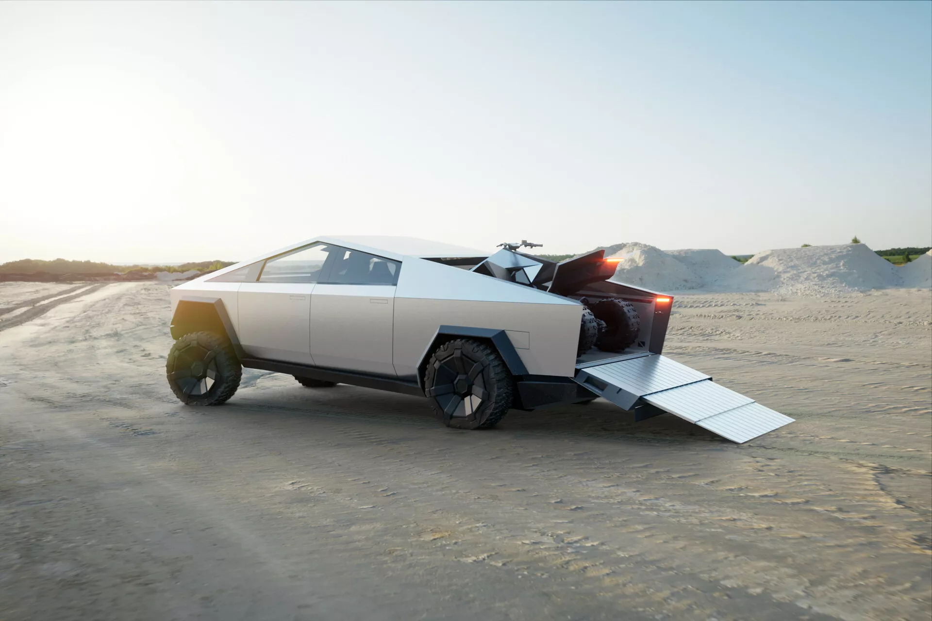 Boczny widok futurystycznego Tesla Cybertruck 2021, z charakterystycznymi geometrycznymi liniami i ostrymi kątami. Pojazd znajduje się w piaszczystym, pustynnym otoczeniu, z otwartą tylną klapą i rozciągniętą rampą. Matowe wykończenie w jasnym odcieniu szarości lub srebra, duże, wytrzymałe koła i brak zaokrągleń podkreślają jego awangardowy design. Naturalne oświetlenie późnego popołudnia rzuca długie cienie wokół samochodu. Brak widocznych rur wydechowych sugeruje, że jest to pojazd elektryczny. Otoczenie podkreśla jego zdolności terenowe i użytkowe.