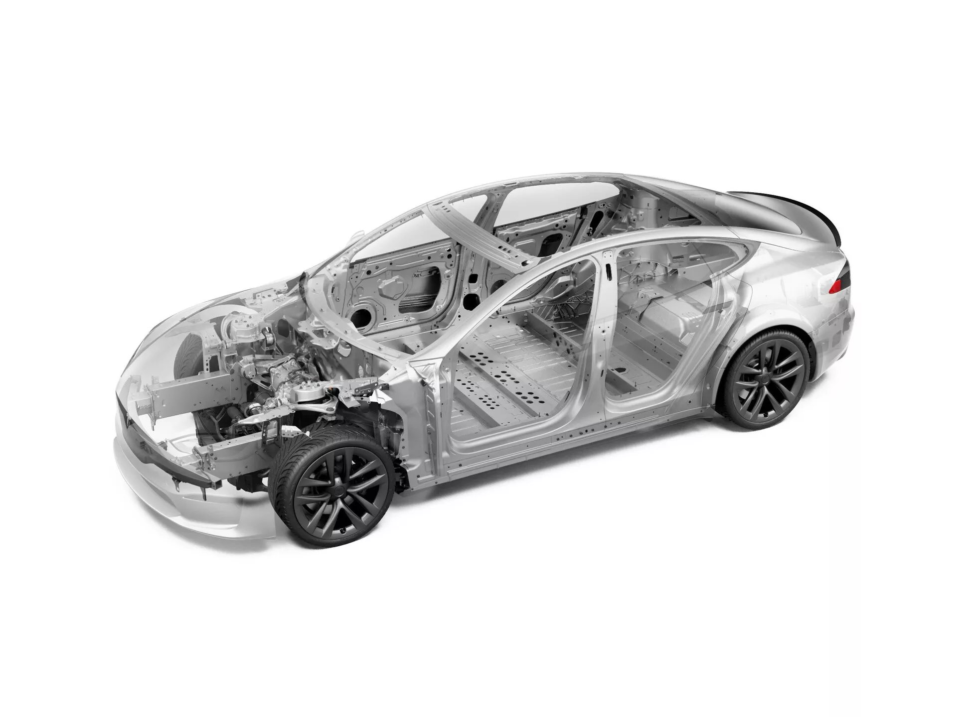 Podwyższony trójćwierciowy widok przedni samochodu Tesla Model S 2016 (pierwsza generacja, lifting), ukazujący jego przód, maskę, dach i profil boczny. Częściowo przezroczysty obraz uwidacznia wewnętrzne struktury, w tym szkielet, przedni zderzak, komorę silnika, klatkę bezpieczeństwa, układ siedzeń, bagażnik i opony o niskim profilu z czarnymi felgami. Ilustracja edukacyjna lub promocyjna przedstawiająca inżynierię i konstrukcję pojazdu.
