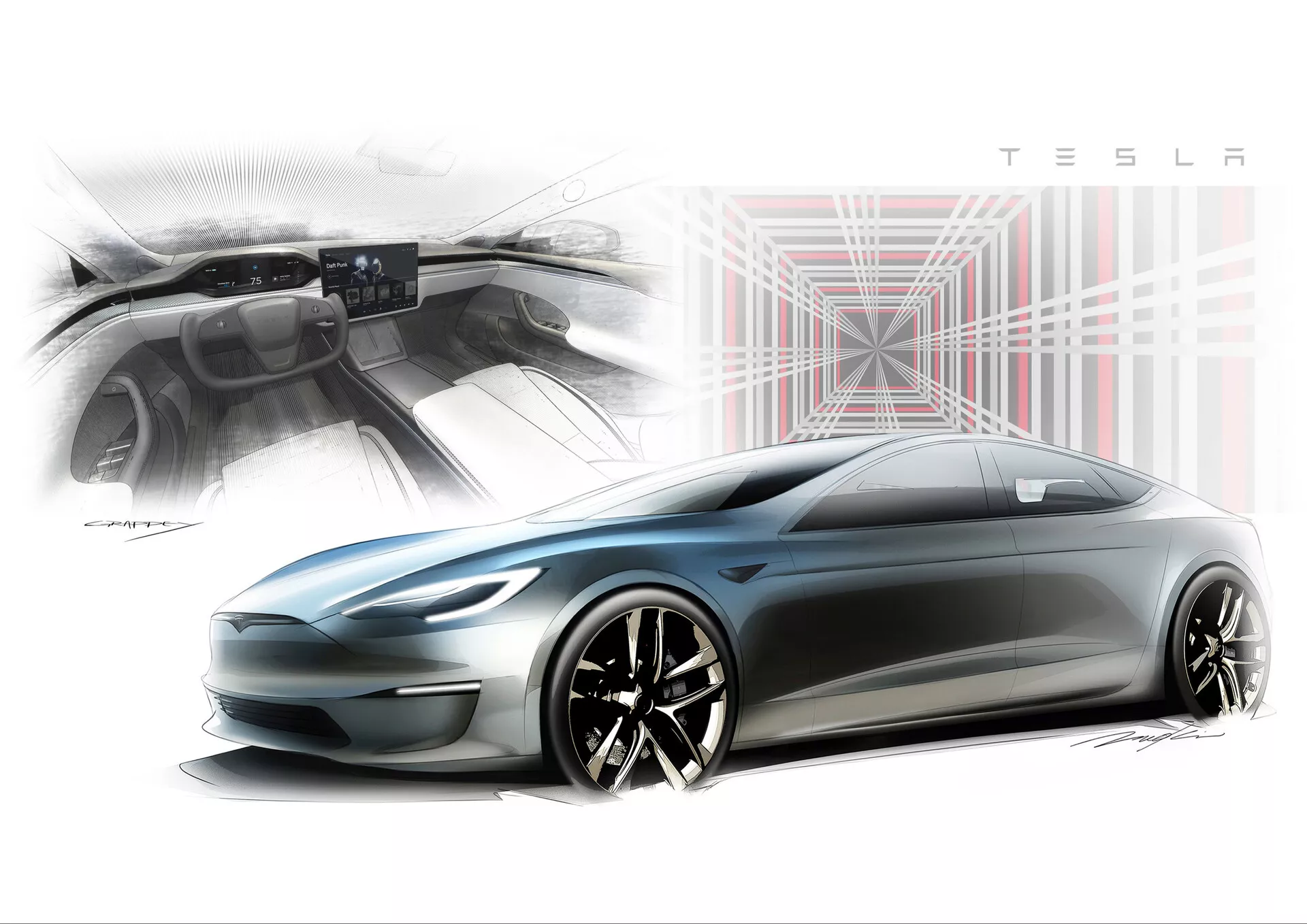 Stylizowana wizualizacja Tesli Model S 2016 (pierwsza generacja, facelift), widziana od boku z niskiej perspektywy. Podkreślony jest aerodynamiczny profil oraz elegancka, smukła sylwetka z niską linią dachu, charakteryzująca się gładkim, zamkniętym grillem, wąskimi światłami i wieloramiennymi felgami aluminiowymi z czarnymi obręczami i srebrnymi akcentami. W lewym górnym rogu znajduje się wstawka pokazująca minimalistyczną deskę rozdzielczą z dużym ekranem dotykowym, podkreślając nowoczesne, technologicznie zaawansowane wnętrze. Tło zawiera wzór graficzny sugerujący cyfrową łączność, a logo TESLA jest wyraźnie wyeksponowane w prawym górnym rogu, podkreślając innowacyjny i futurystyczny design marki.
