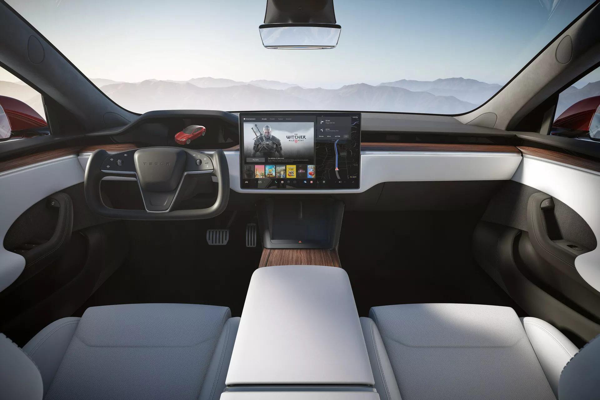 Wnętrze Tesla Model S 2016 (pierwsza generacja facelift) z tylnego siedzenia, podkreślając nowoczesną, elegancką deskę rozdzielczą z centralnym ekranem dotykowym, niestandardową kierownicą, nowoczesnie wyprofilowane białe fotele przednie i wykończenie drewnopodobne. Minimalistyczny design sugeruje zaawansowane technologie, możliwe zdolności autonomiczne, podkreślone naturalnym światłem wpadającym przez duże okna.