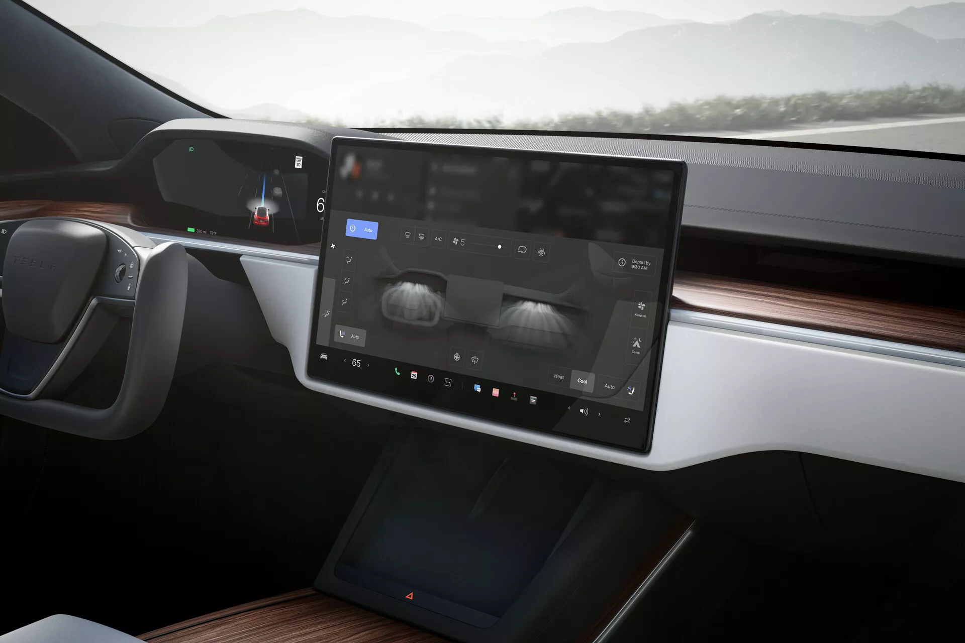 Widok wnętrza samochodu Tesla Model S 2016 (pierwsza generacja po faceliftingu) skupiający się na konsoli centralnej i desce rozdzielczej kierowcy. Główne cechy to duży ekran dotykowy systemu infotainment, cyfrowy zestaw wskaźników, nowoczesny design kierownicy, drewniane panele, oświetlenie otoczenia oraz elegancki i minimalistyczny design bez tradycyjnych otworów wentylacyjnych.