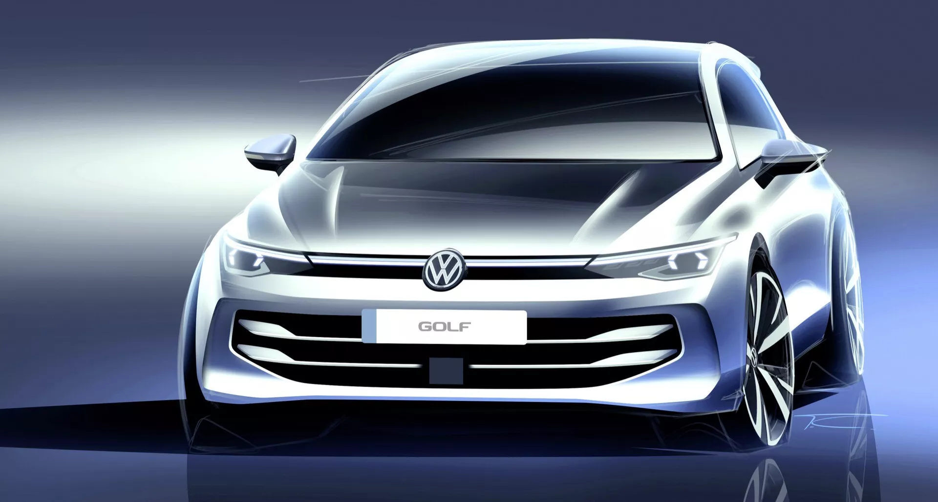 Komputerowo wygenerowany obraz koncepcyjny Volkswagen Golf 2024 (VIII-Facelift) przedstawiający dynamiczny widok przedni z wąską kratką, zintegrowanym paskiem świetlnym, wąskimi ostrymin reflektorami i dużymi wlotami powietrza