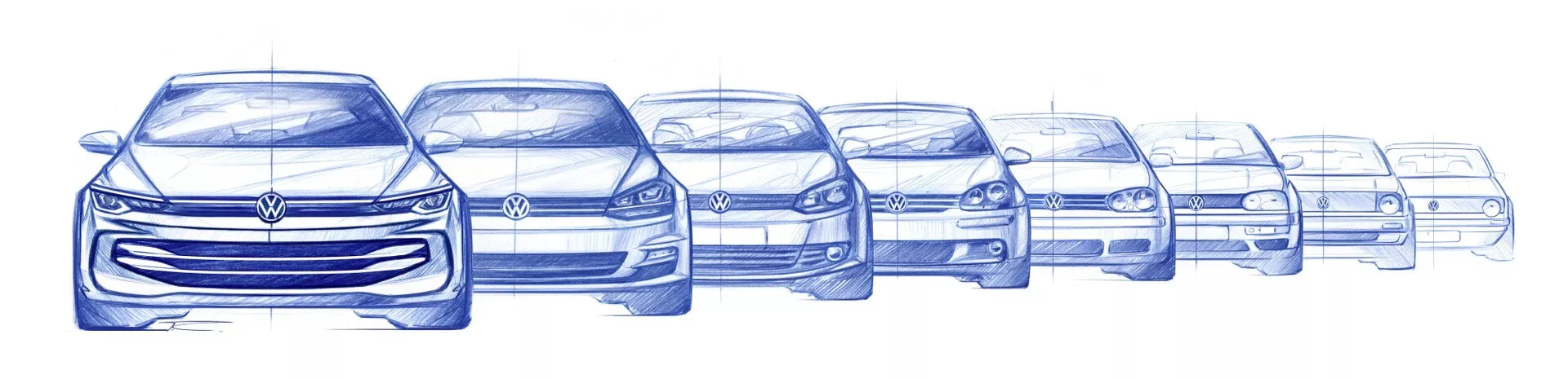 Boczny widok Volkswagen Golf VIII facelifting 2024 ilustrujący progresję od szczegółowego projektu samochodu do uproszczonej struktury szkieletowej, prezentujący zewnętrzne cechy od przodu do tyłu, koła i wewnętrzne komponenty mechaniczne