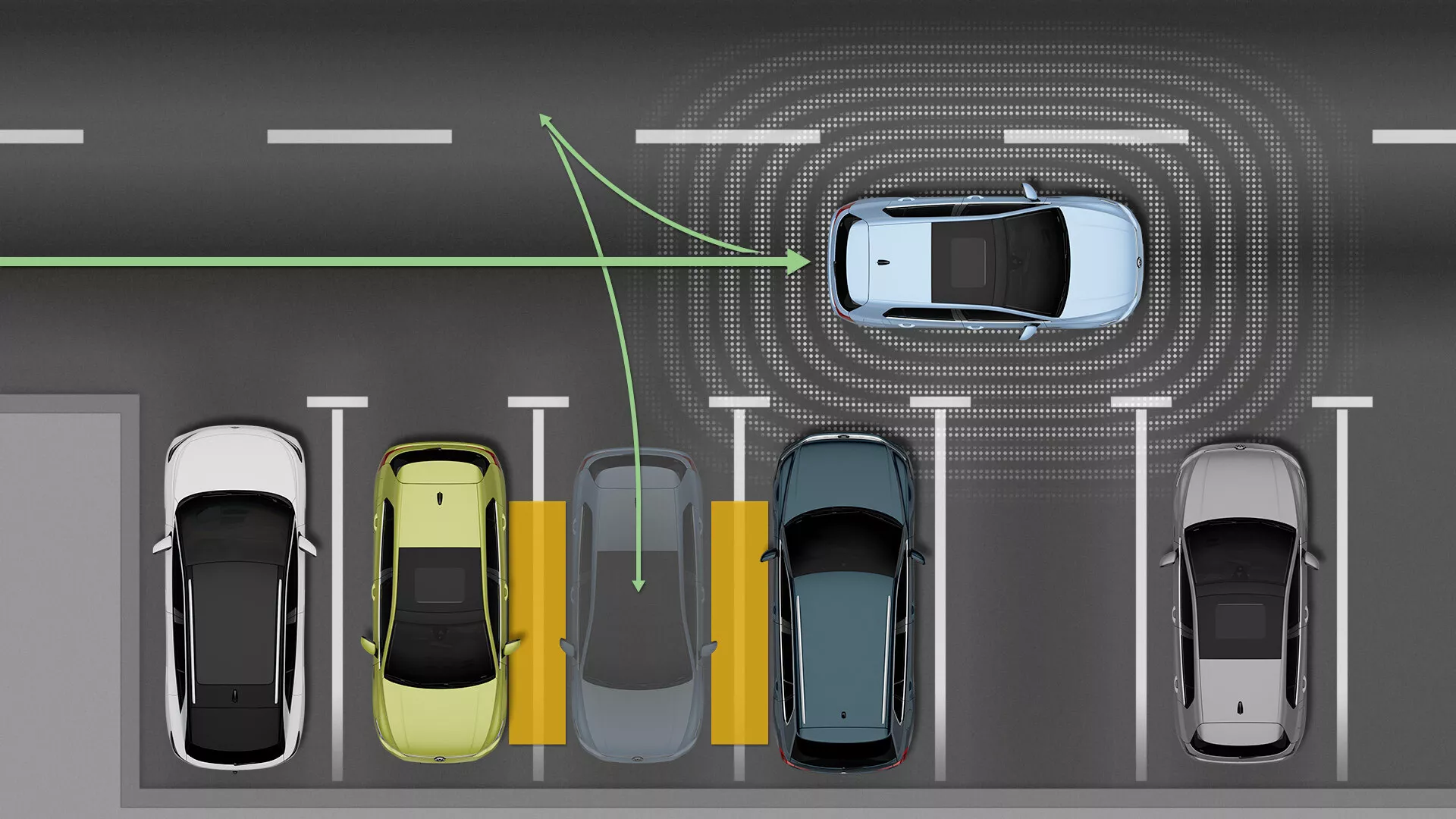 VW Golf 2024 (VIII-facelift) wykorzystujący technologię autonomicznego parkowania w widoku z lotu ptaka na scenariusz parkowania z nawigacją wspomaganą przez czujniki wśród różnych samochodów