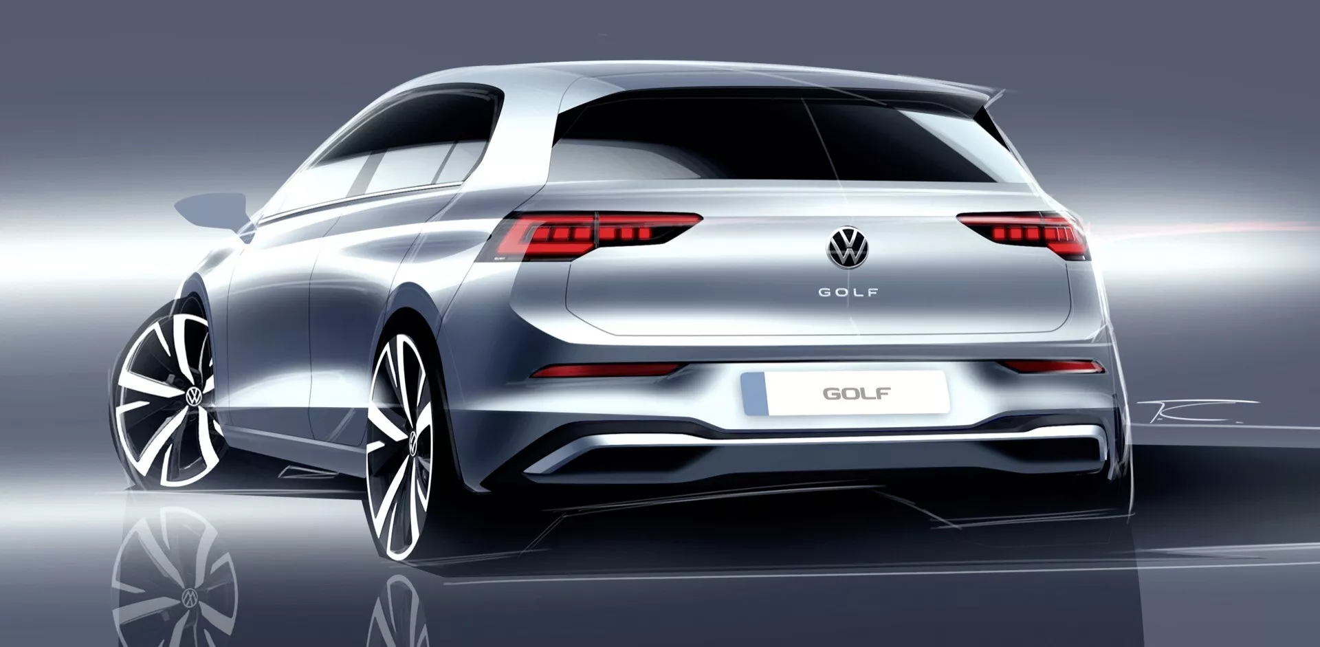 Volkswagen Golf VIII facelifting 2024, pokazujący eleganckie, współczesne stylizowane tylne światła LED, ulepszony tylny zderzak z czujnikami parkowania, podwójny system wydechowy, duże koła ze stopu, subtelny spoiler dachowy na tle odbijającym studio podkreślającym linie wzornictwa i metaliczny lakier