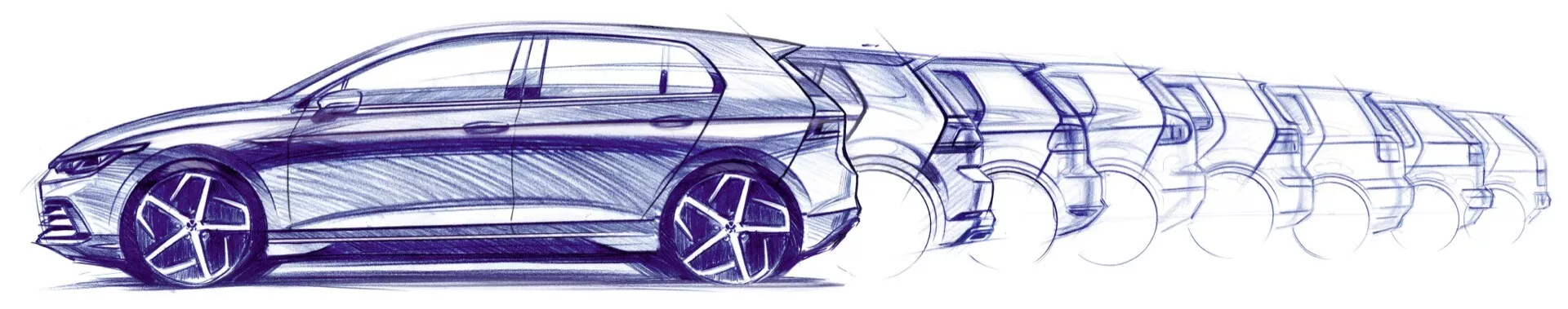 Artystyczna wizja VW Golfa VIII z liftingiem na rok 2024, z efektem rozmycia w ruchu, sugerująca wysoką prędkość