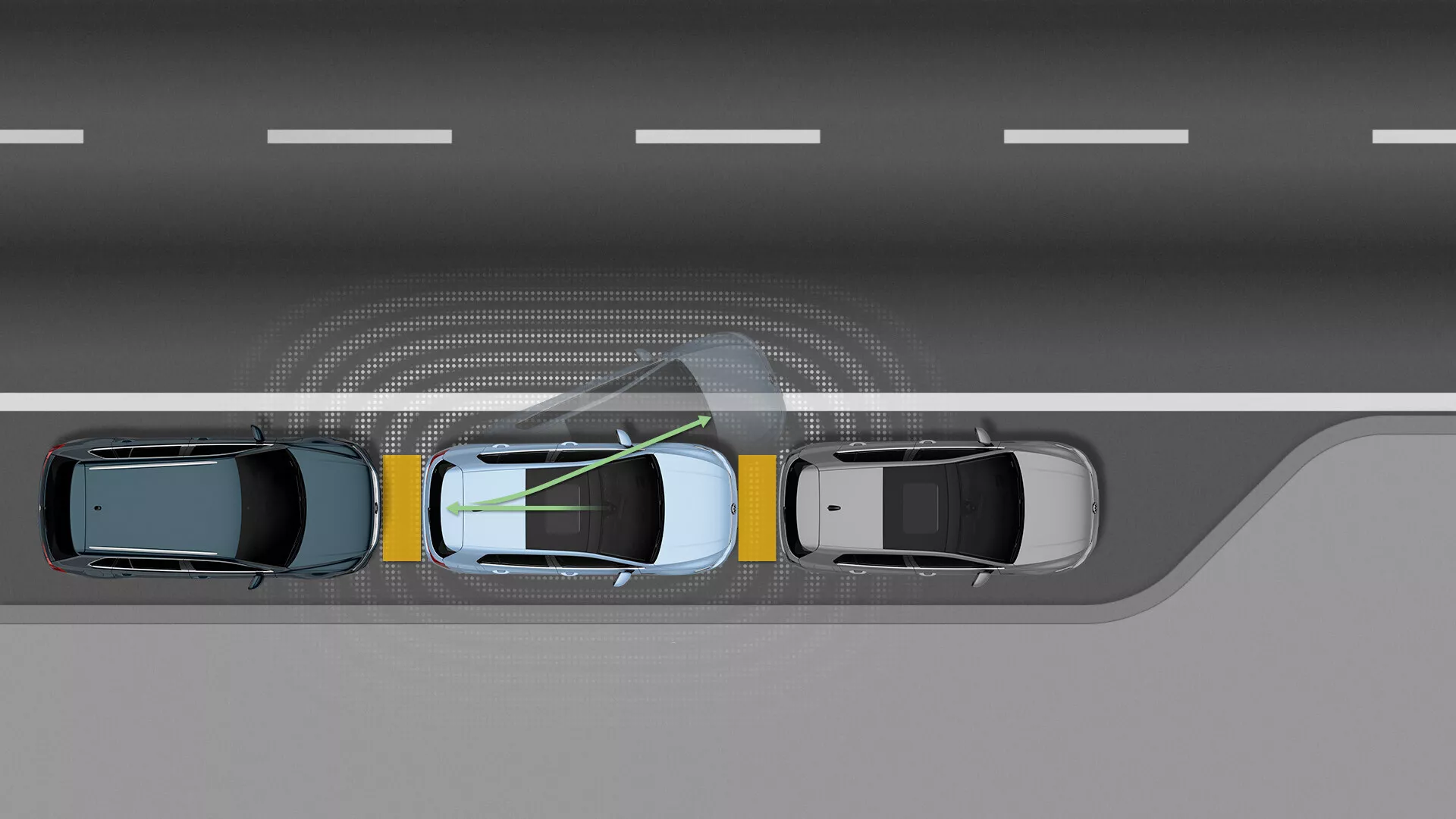 VW Golf VIII Facelift 2024 wykonujący manewr parkowania równoległego z zaawansowanymi systemami wspomagania kierowcy, przedstawiony z lotu ptaka wśród trzech pojazdów prezentujących technologię asystenta parkowania i świadomość przestrzenną.